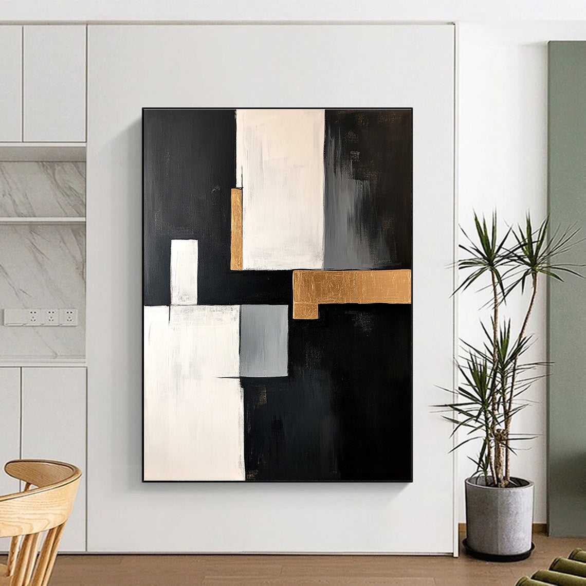 Black White Gray and Gold Abstract Painting with Luxe Elements GER508
