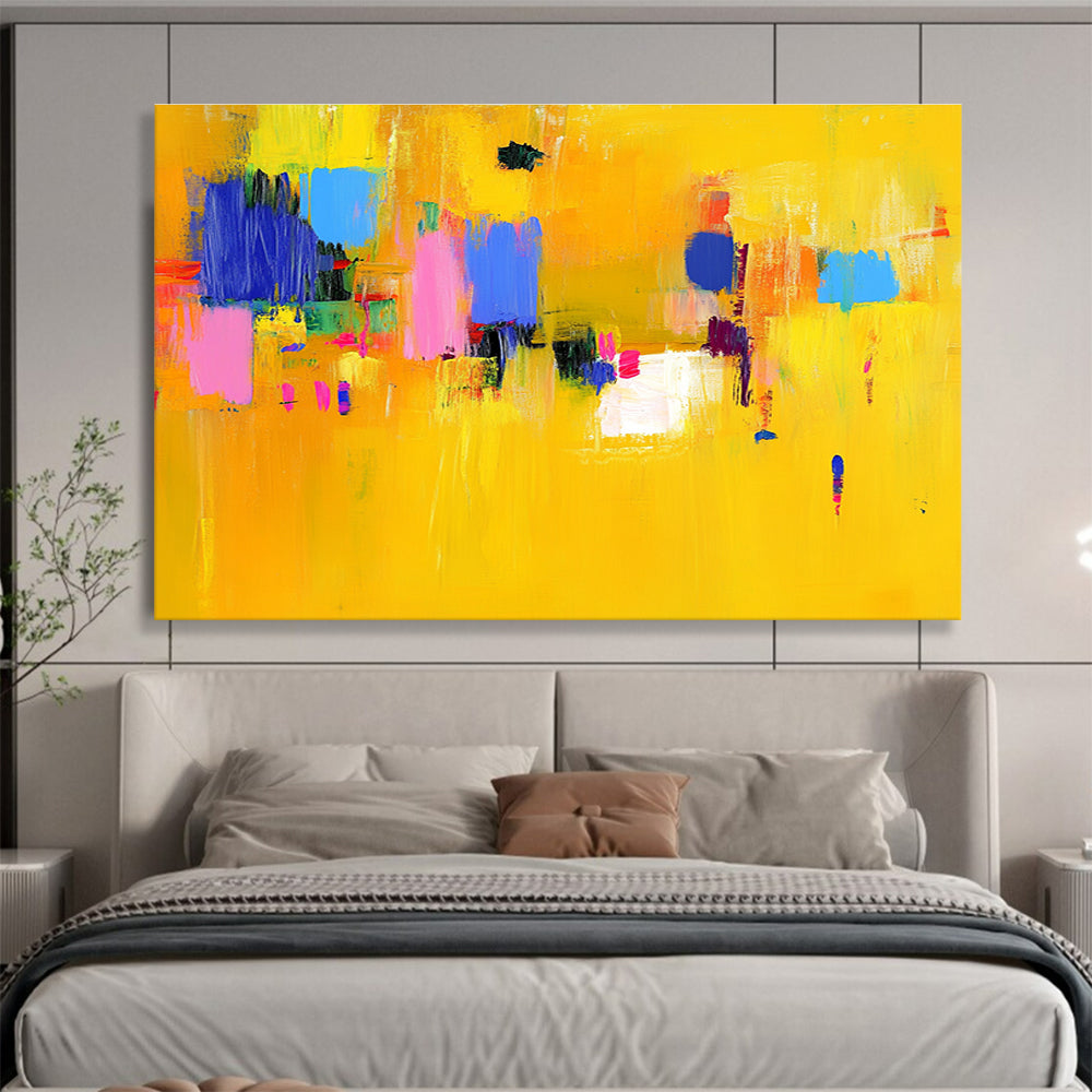Large abstract painting featuring bold yellow and blue strokes with pink accents dynamic lines and vibrant textures creating an energetic atmosphere.SC147