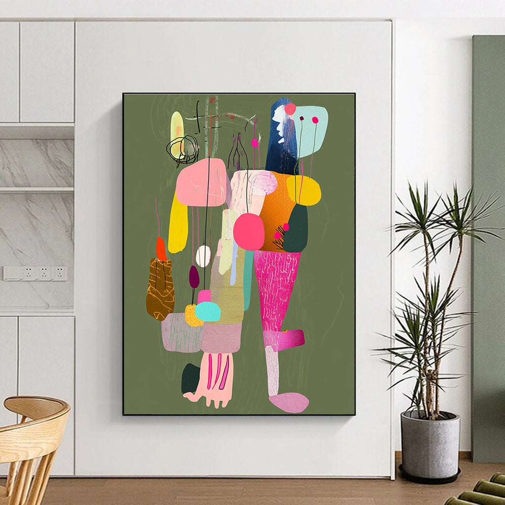Large abstract painting featuring a colorful collage of limbs with strings connecting to various places against a muted greenish brown background.STSC970