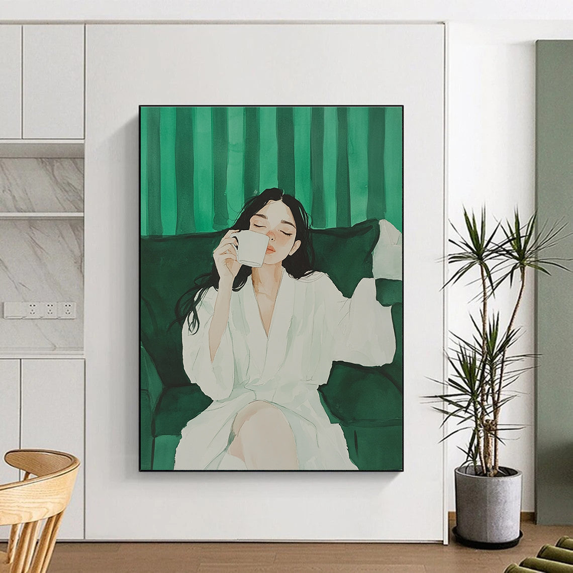 A large abstract painting featuring a girl in a white robe enjoying coffee on a sofa against a green striped background with minimalist design.STSC1002
