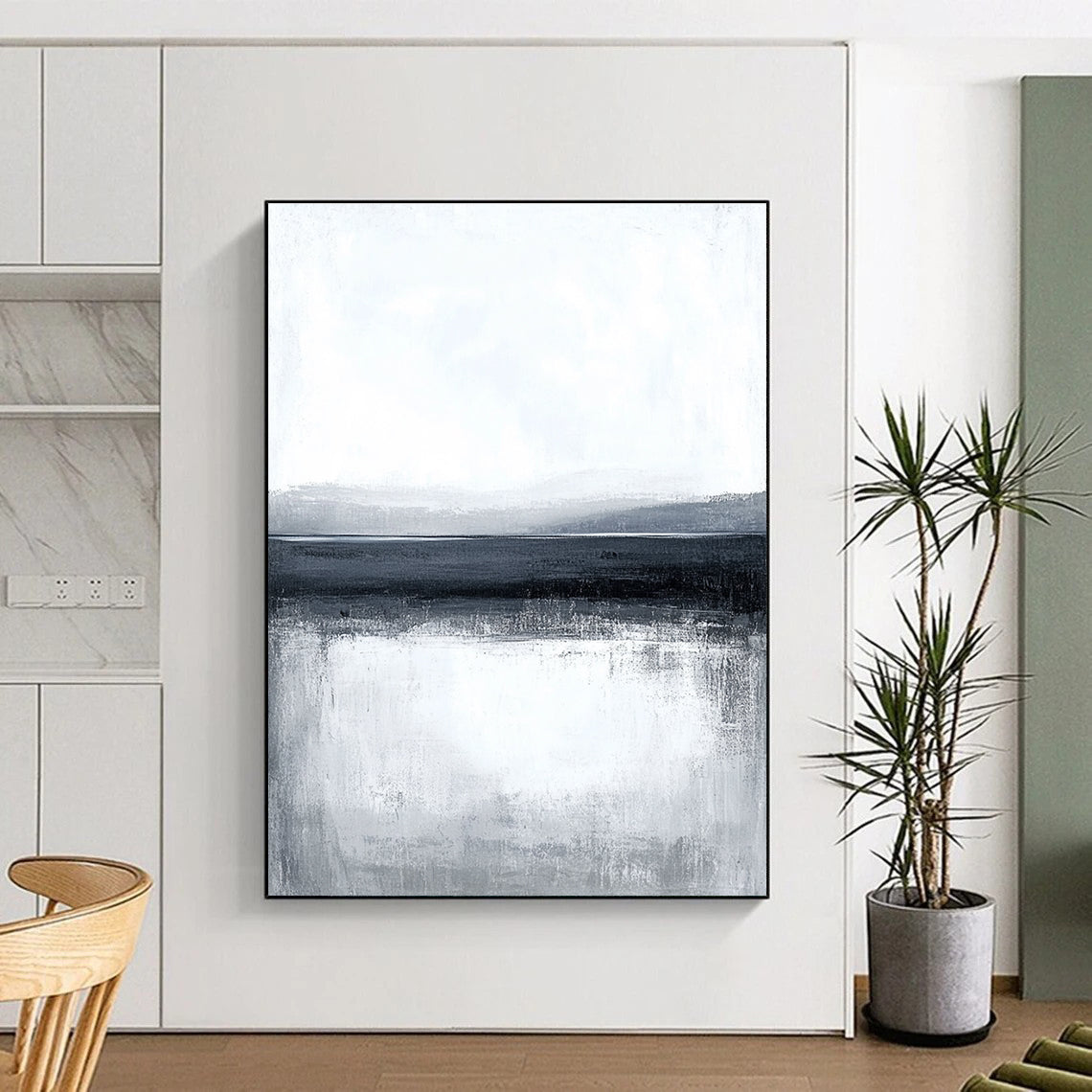 Large abstract painting featuring a serene water landscape with a gray sky and subtle brush strokes creating a calm minimalist design.STSC124