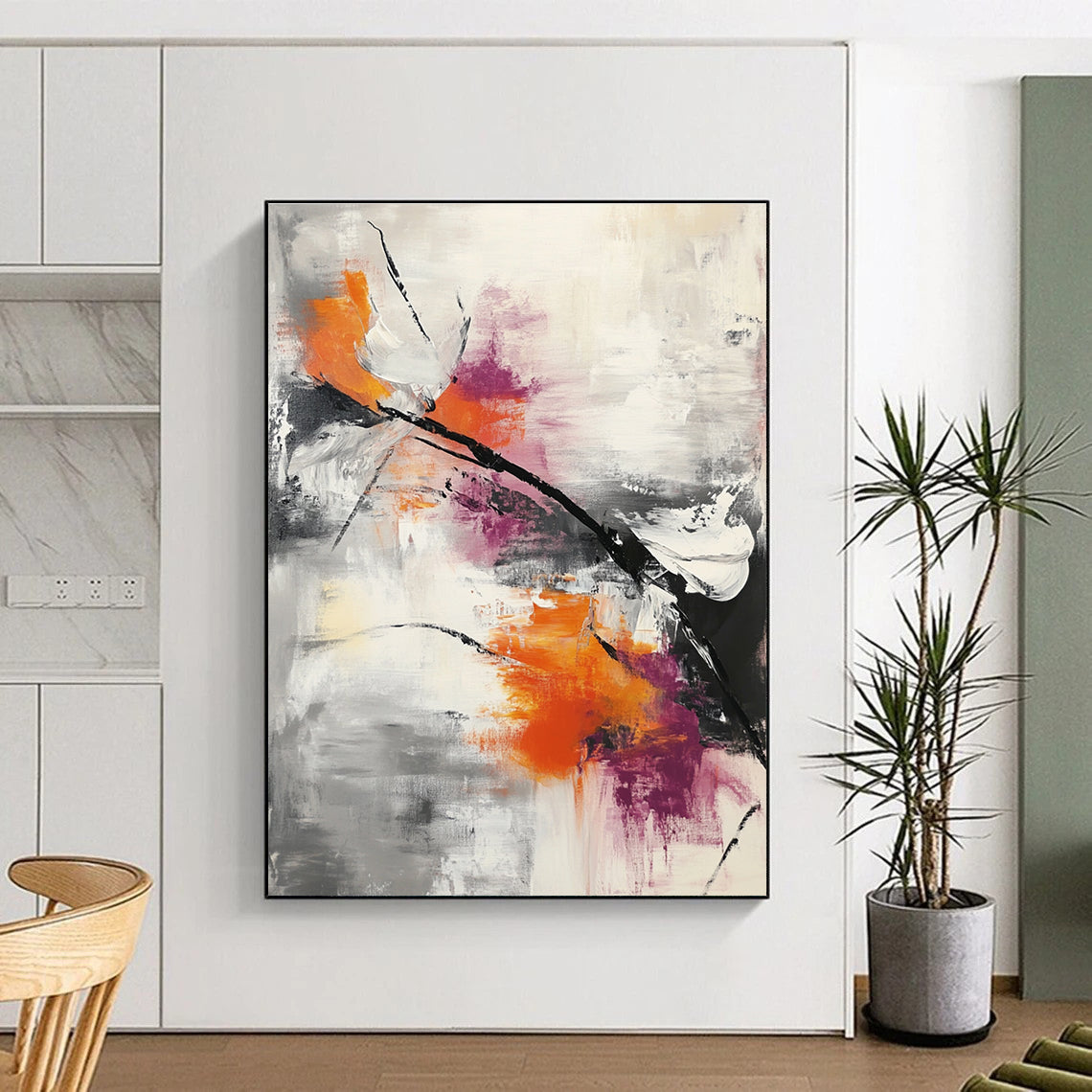 Large abstract painting featuring thick brushstrokes and splashes in gray white orange and pink with dynamic movement and modern depth.STSC817