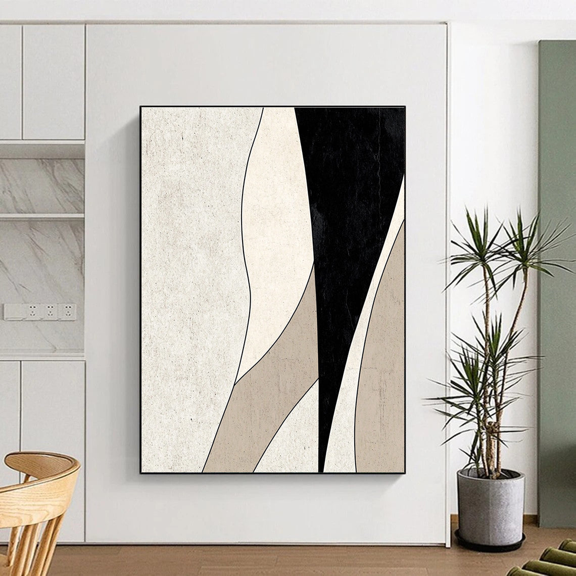 Black and Beige Curved Abstract Painting with Smooth Lines GER058
