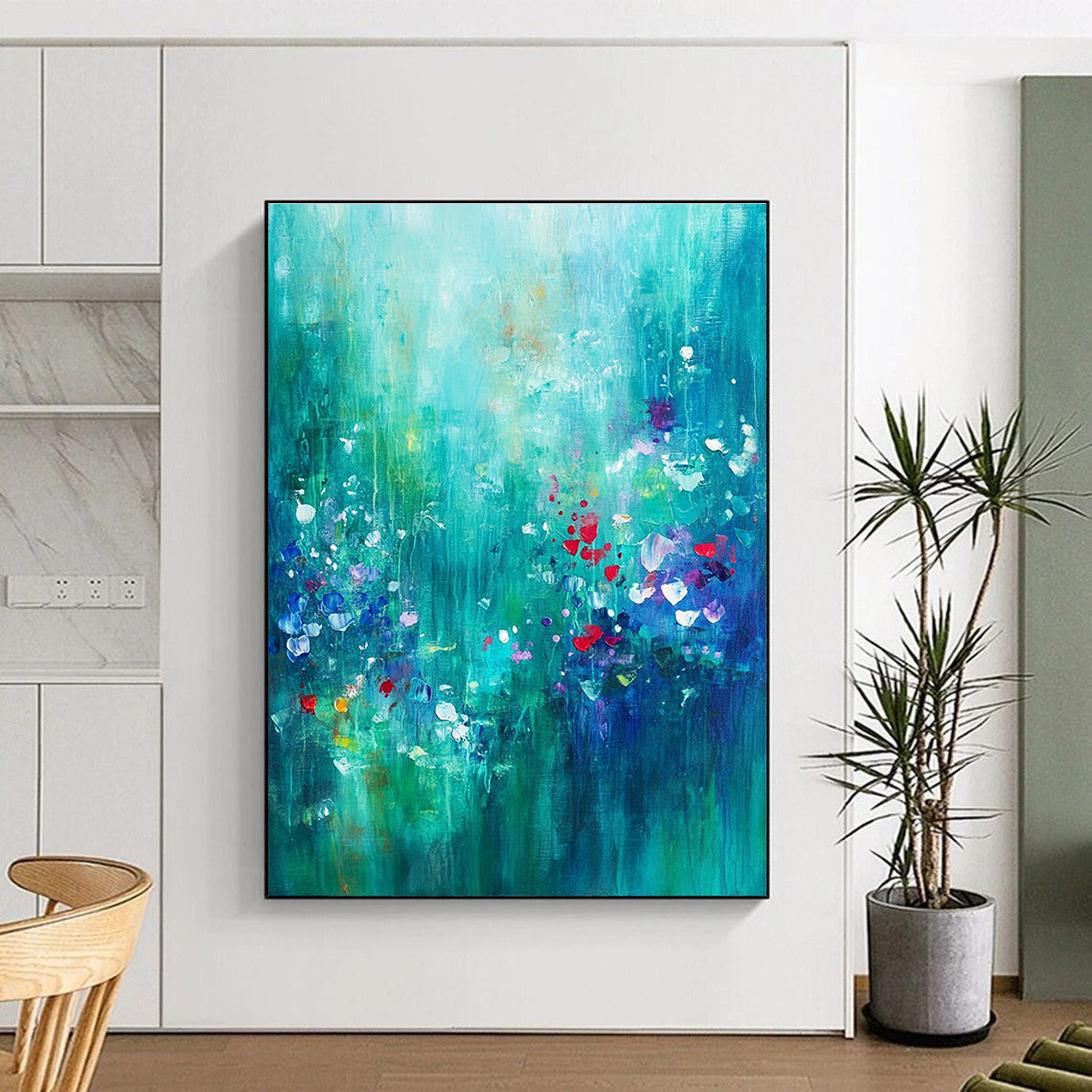Large abstract painting of an underwater garden in teal and emerald with hints of red and purple evoking serenity and creativity.STSC1021