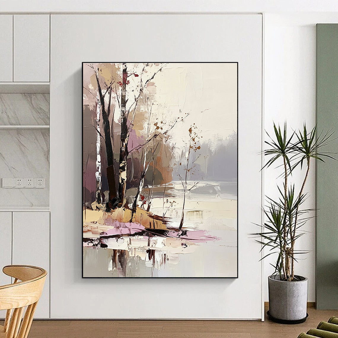 Large abstract painting featuring trees and water in light pink beige brown and gray tones with thick brush strokes and palette knife technique.STSC1396