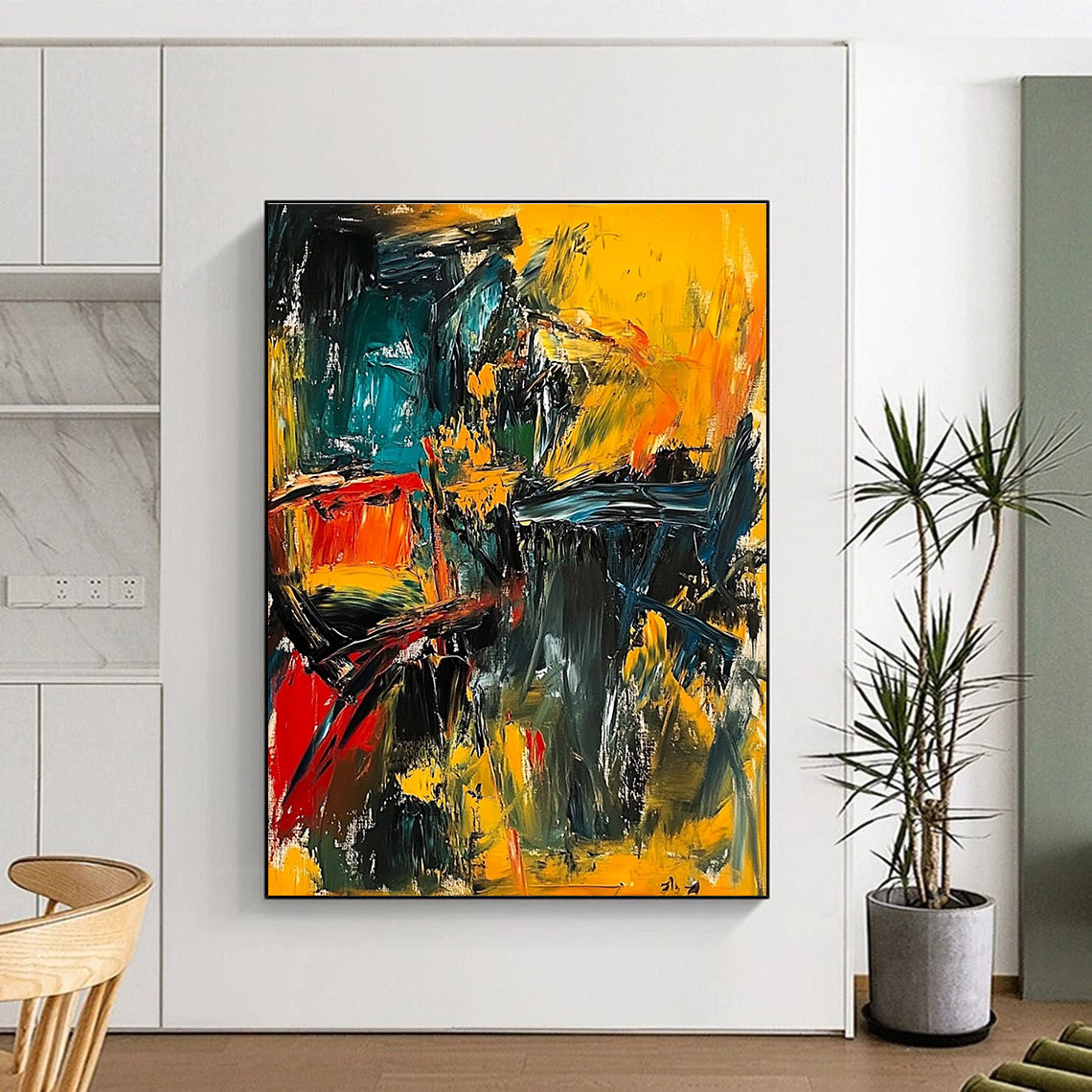 Large abstract painting depicting a dynamic war scene with bold strokes and vibrant colors conveying chaos and fear.STSC553