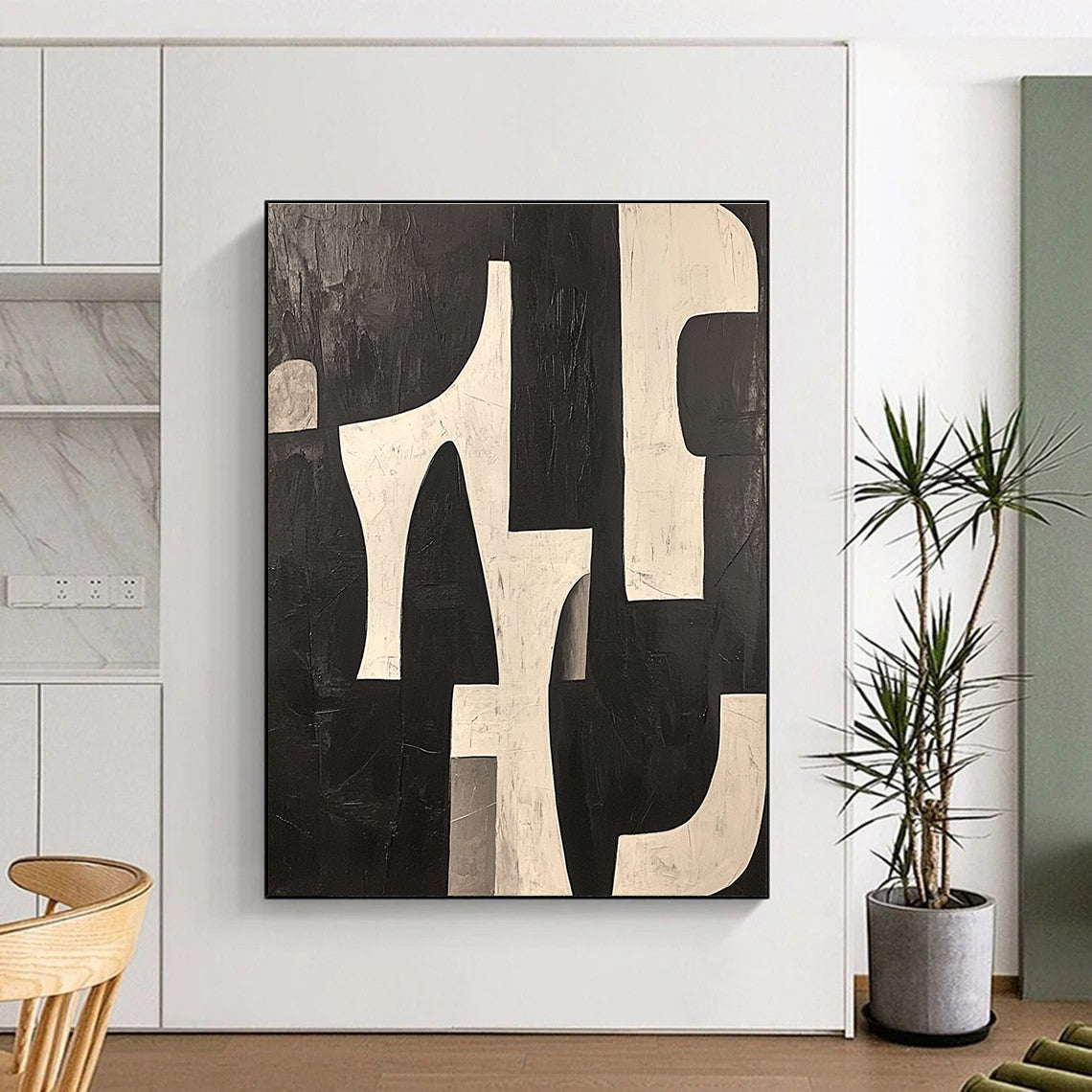 White Geometric Shapes Abstract Painting on Black GER243