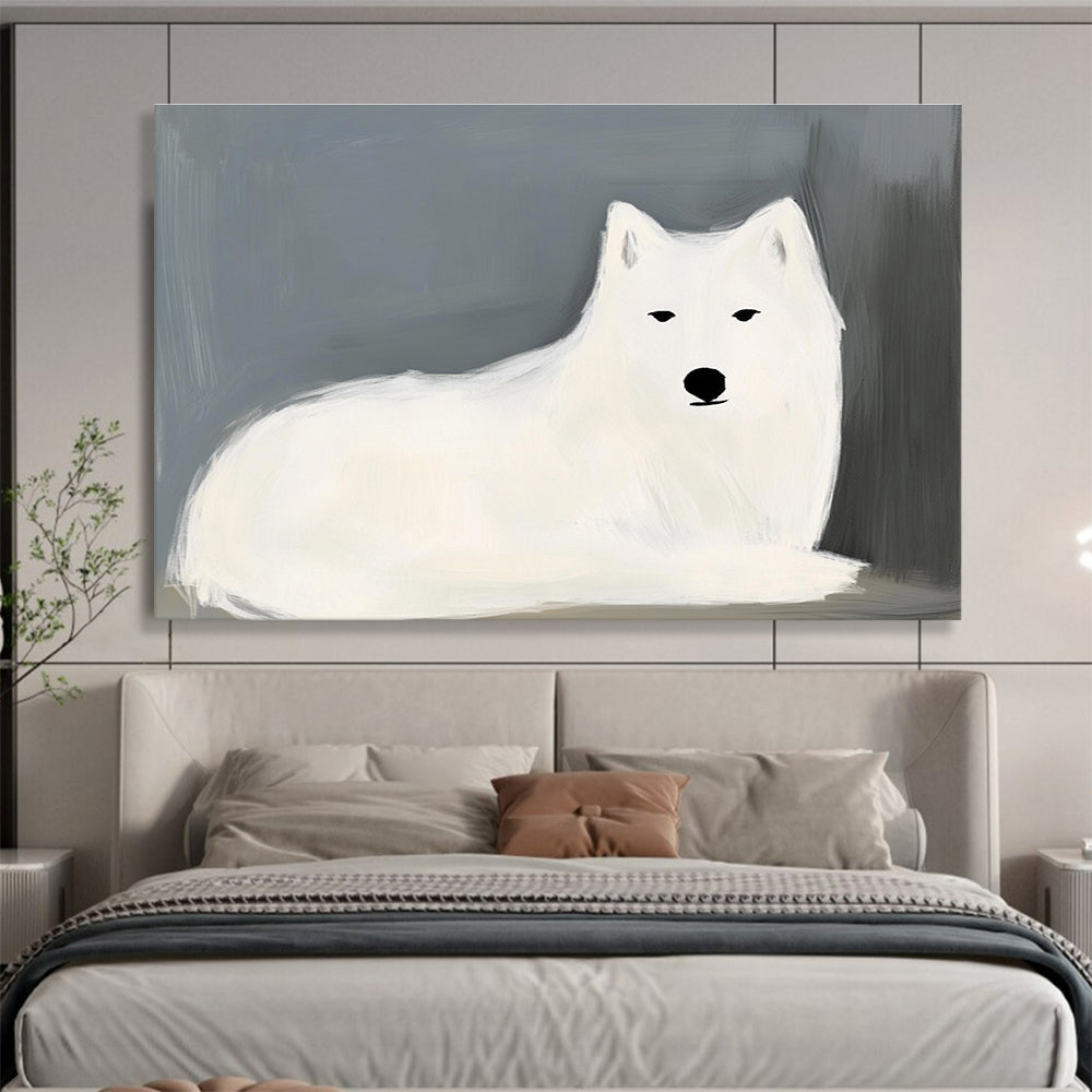 Abstract painting of a white wolf by Maud Lewis featuring simple lines and advanced color matching on a dark gray and light blue background.SC572