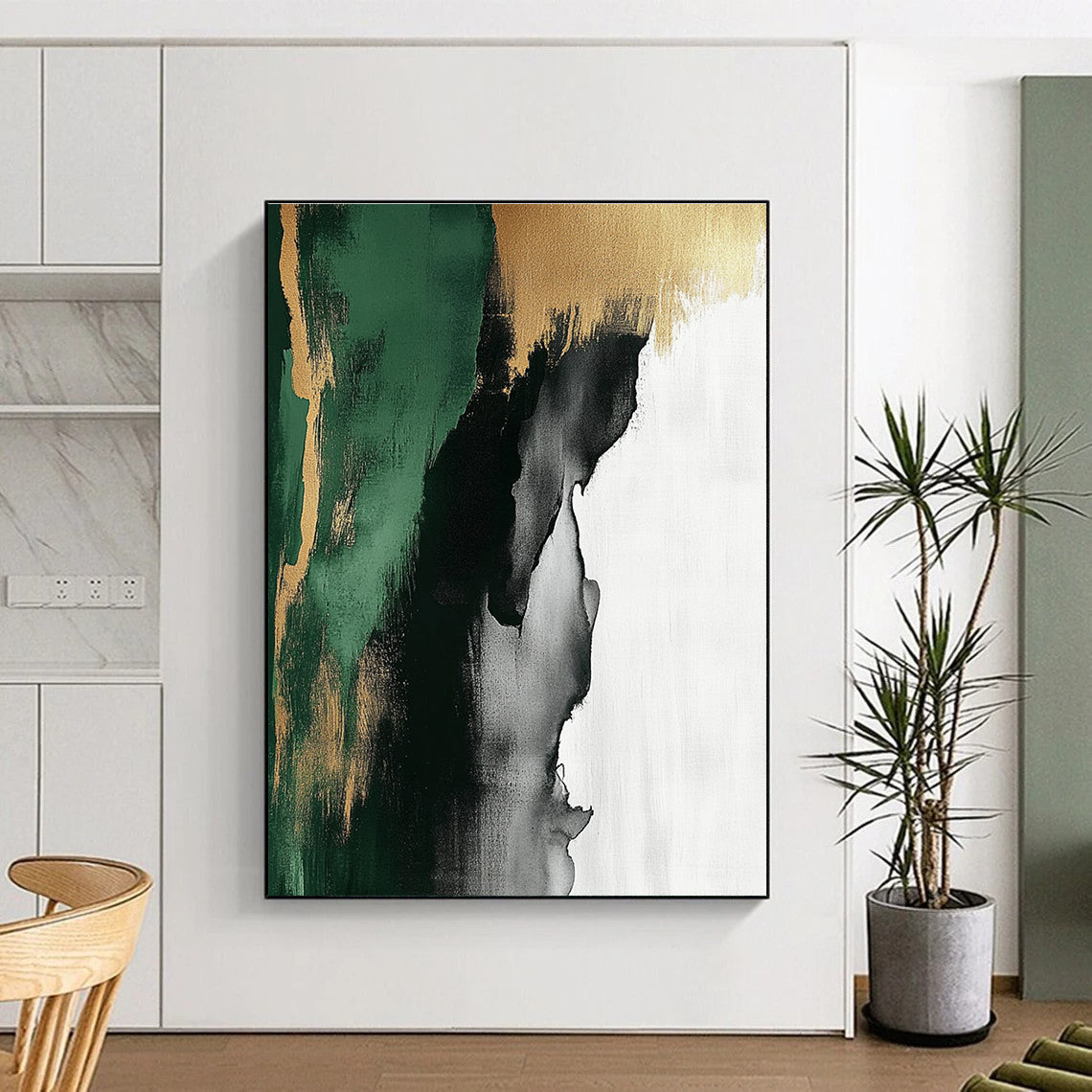Green Gold Gray and White Abstract Painting with Flowing Textures GER633