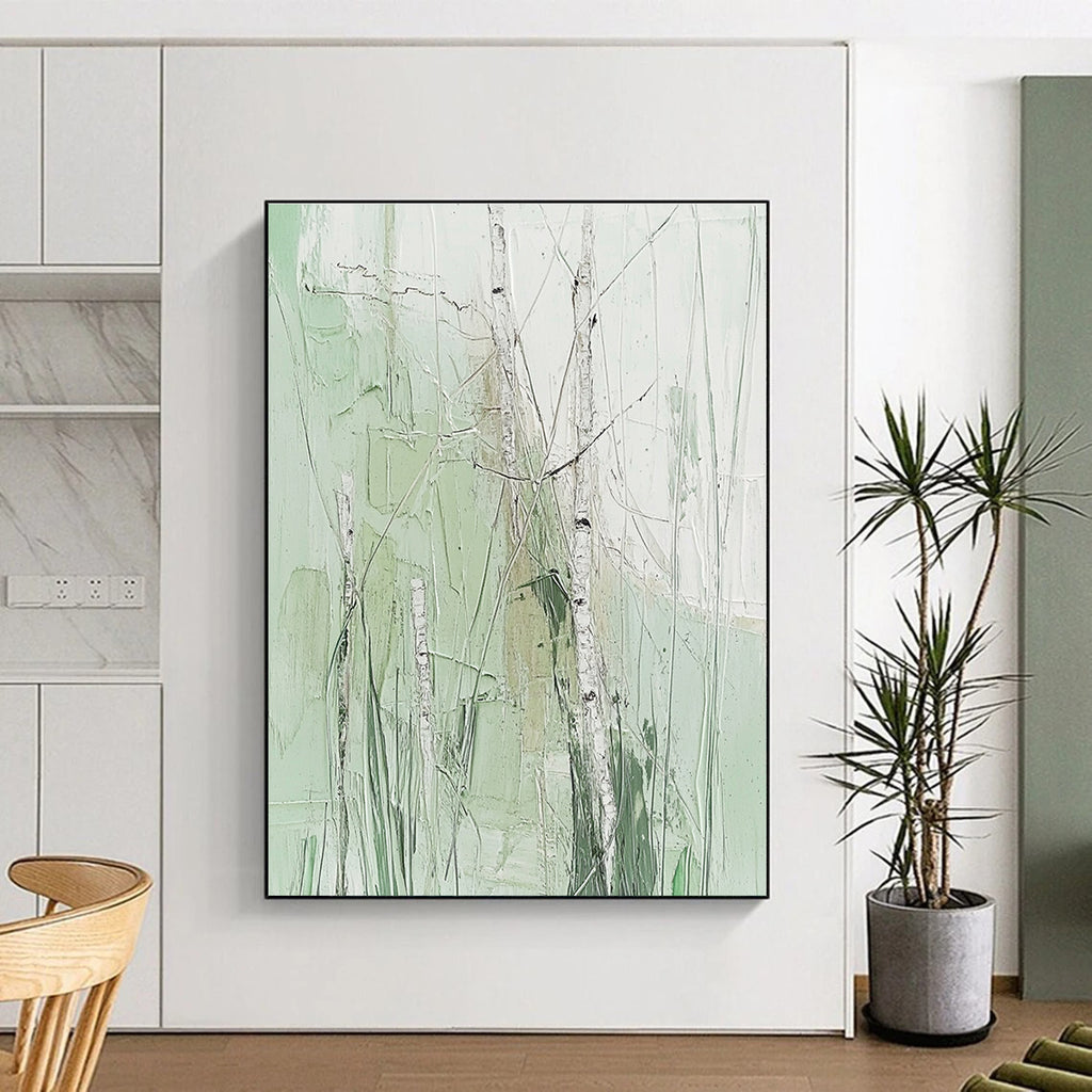 Large abstract painting featuring birch trees and grass in soft greens on a white background with fine details and impasto texture in neutral colors.STSC300