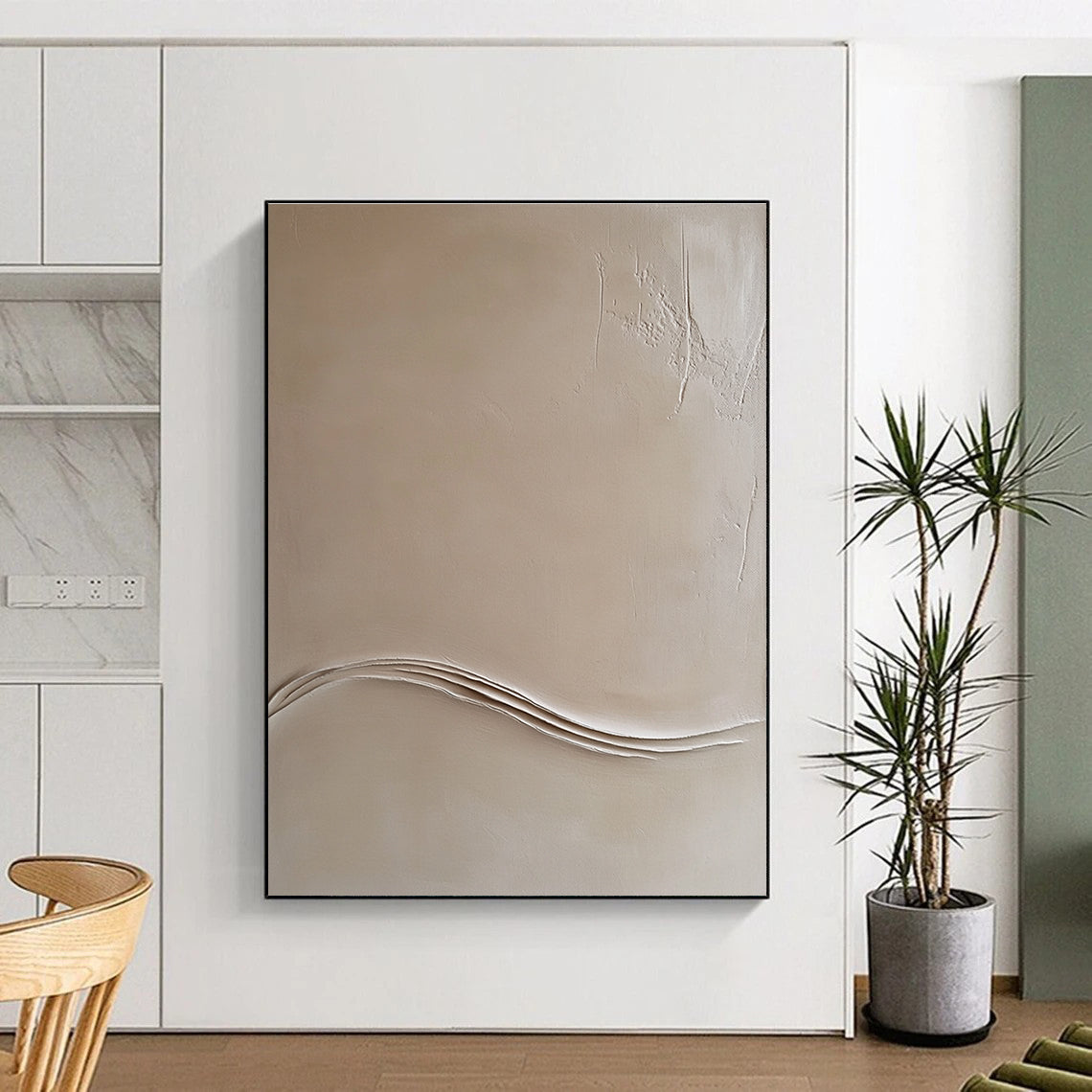 Abstract drawing featuring a beige wall with thin lines and an embossed white wave contour in the top right corner.STSC548