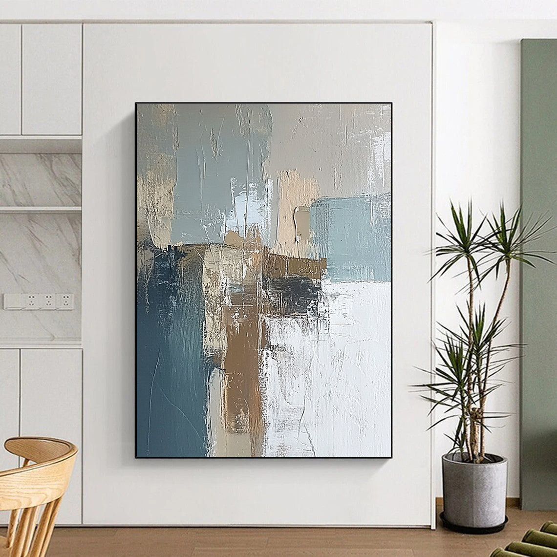 Large abstract painting of an Irish landscape featuring soft muted blues and browns with textured brush strokes for a serene ambiance.STSC650