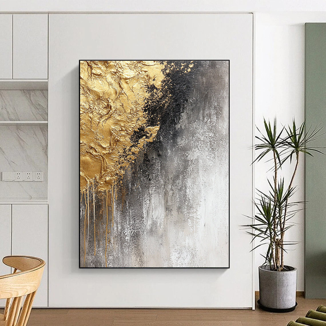 Gray Gold and Black Abstract Painting with Dripping Textures GER645
