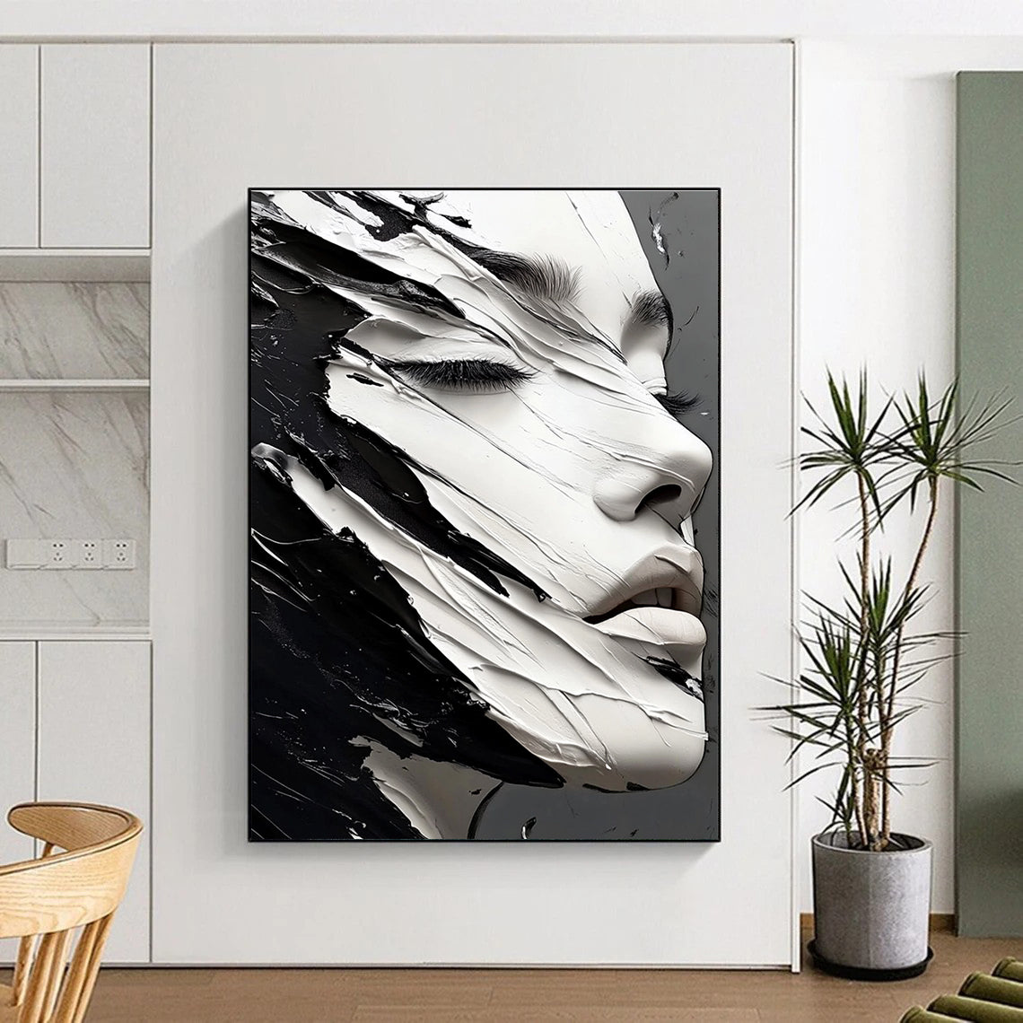 A large abstract painting featuring an elegant hyperrealistic black and white face showcasing intricate details and striking contrasts.STSC989
