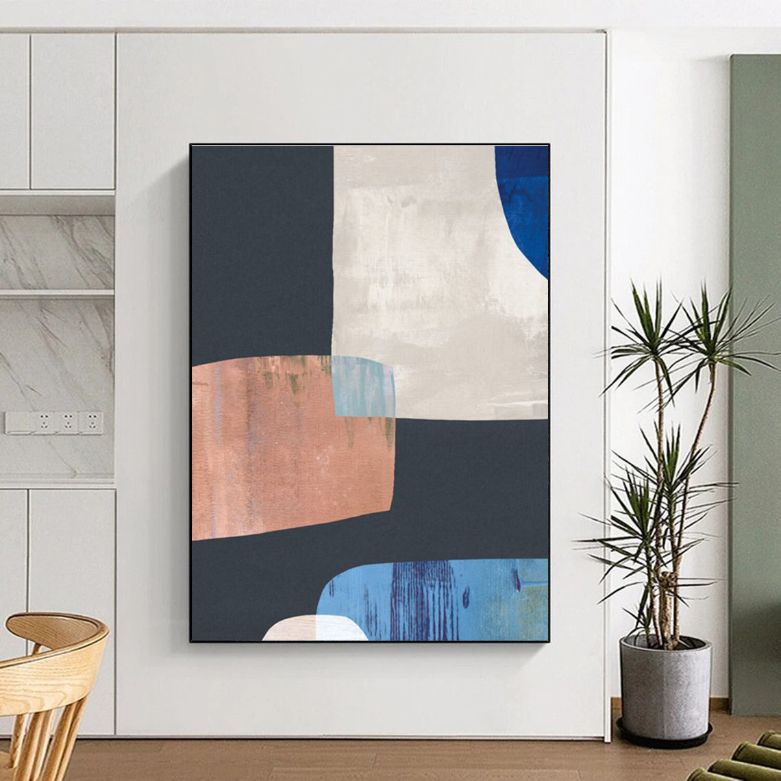 Geometric Abstract with Neutral and Blue Shapes Painting ADGE200