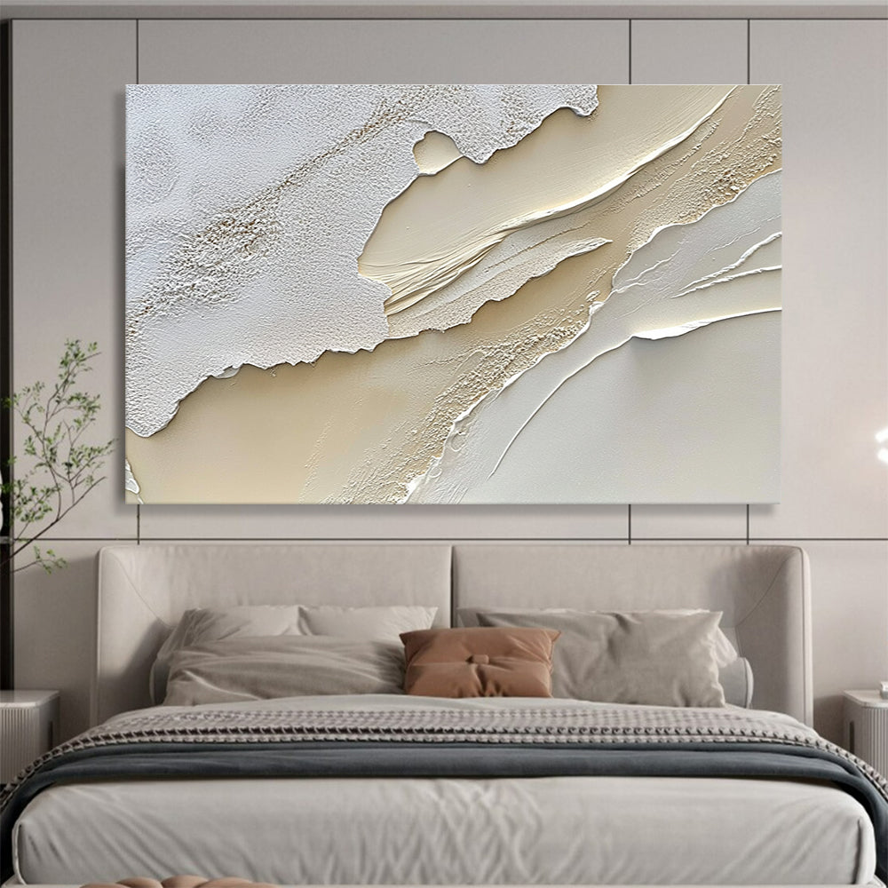 An abstract painting featuring a textured cream-colored surface reminiscent of sand dunes in soft white and beige tones.SC459