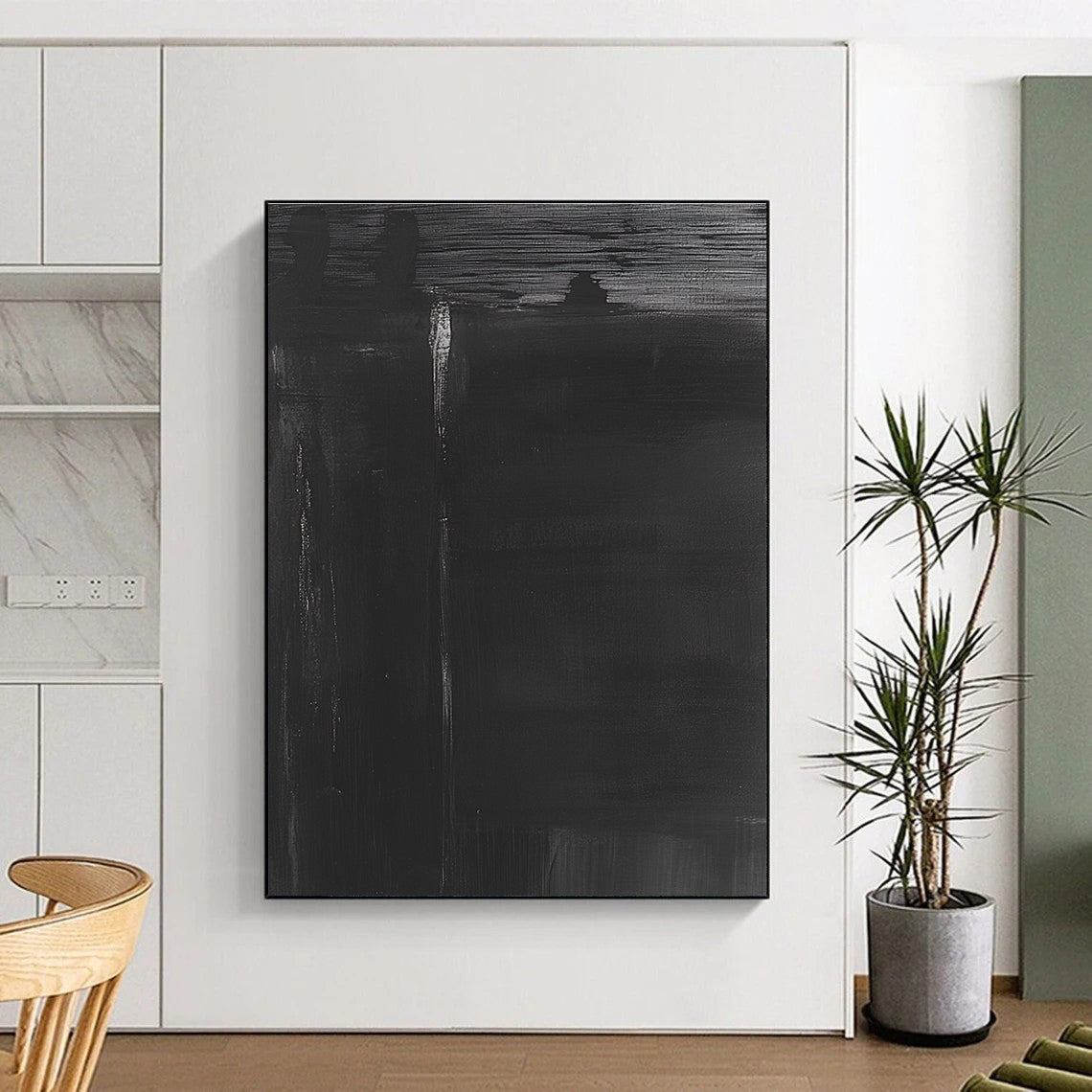 Black Abstract Painting with Subtle White Accent Lines GER008
