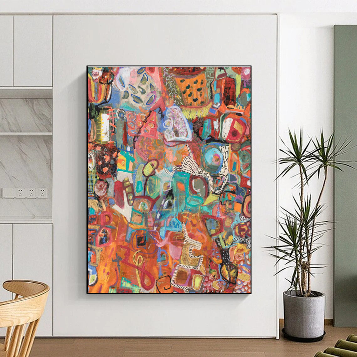 Colorful Collage - style Abstract Painting with Orange Base ADGE291