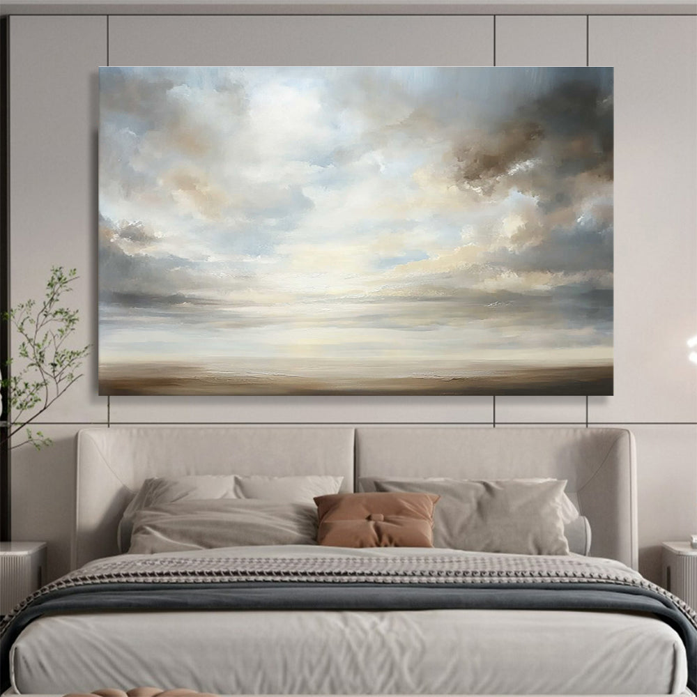 A large abstract painting featuring an open sky with billowing clouds in soft pastels, symbolizing peace and infinite possibilities.SC560