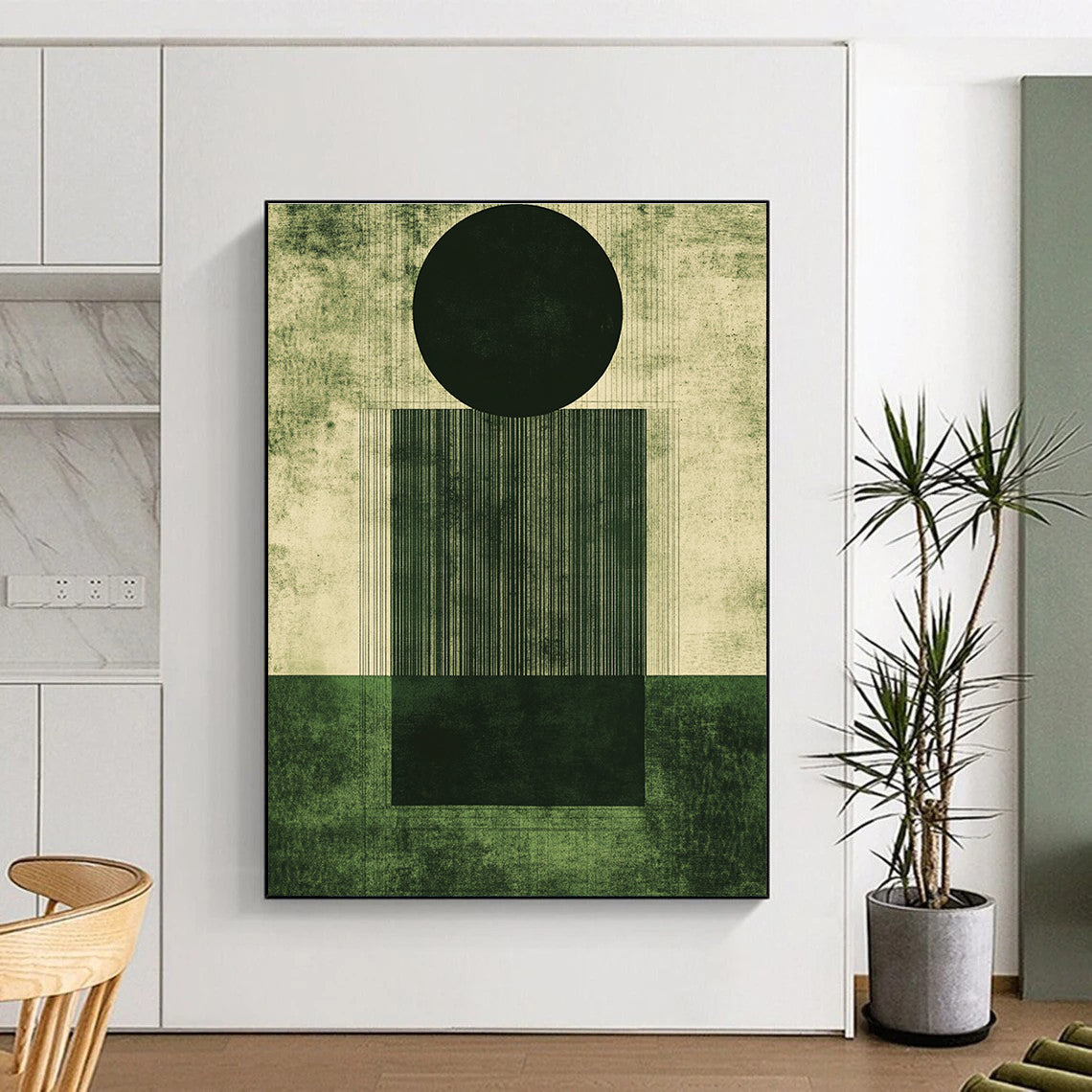 Abstract artwork featuring geometric shapes in deep emerald green and dark gray with a grainy texture and minimalistic design elements.STSC1006