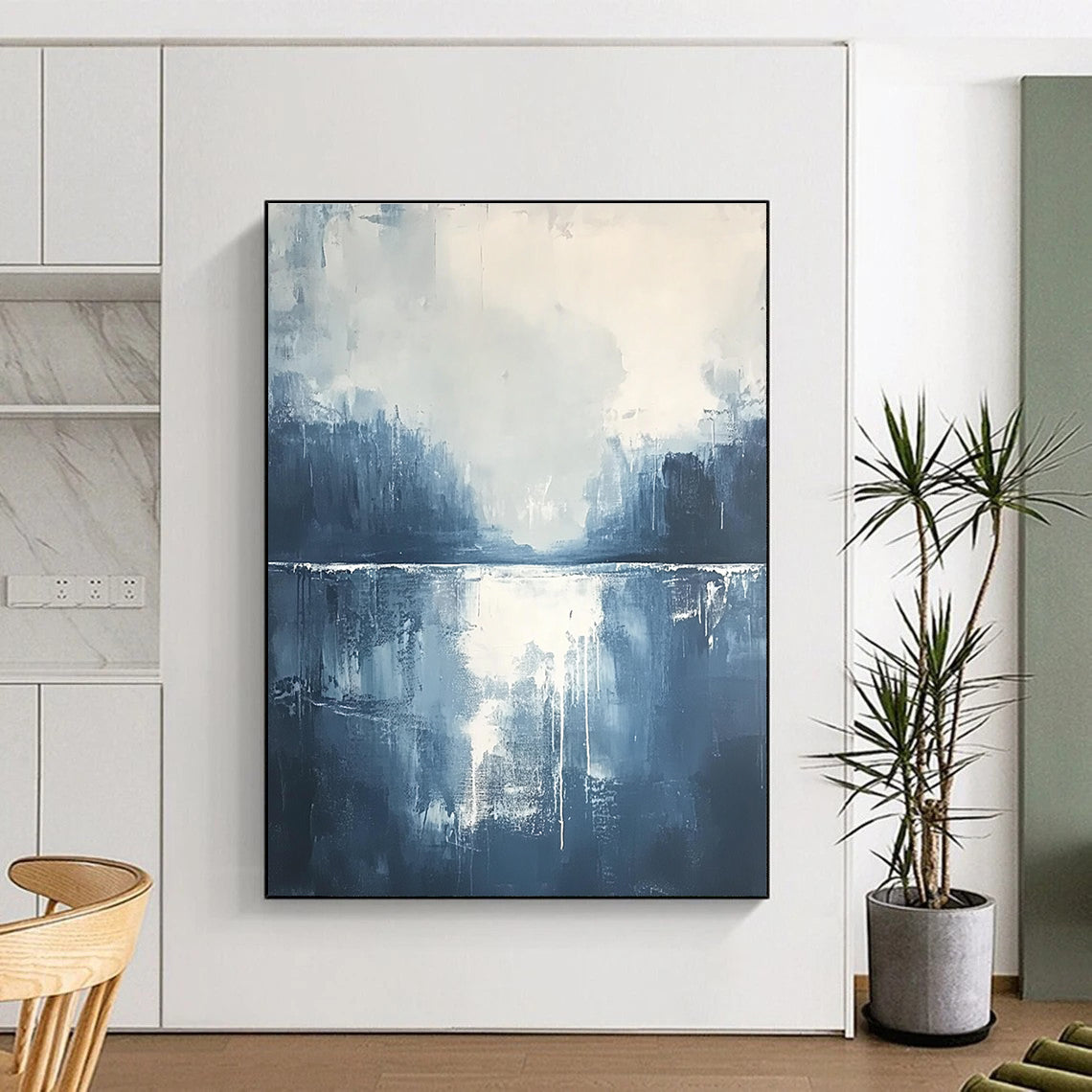 Large abstract painting of misty clouds and water in dark blue and grey with white accents creating an atmospheric and detailed composition.STSC322