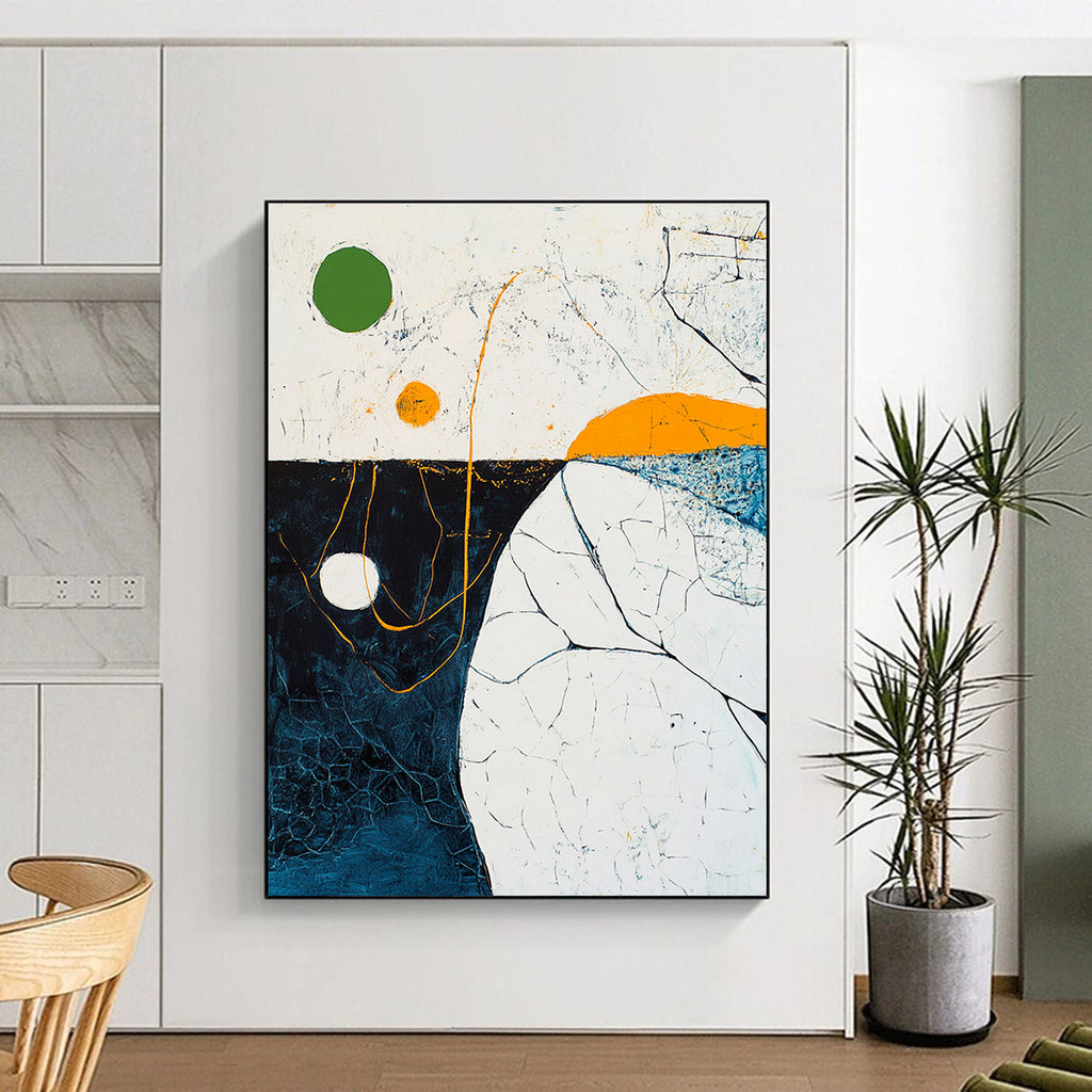Large abstract painting depicting an aerial ocean view with a green circle and yellow lines featuring thick brush strokes and vibrant colors.STSC255