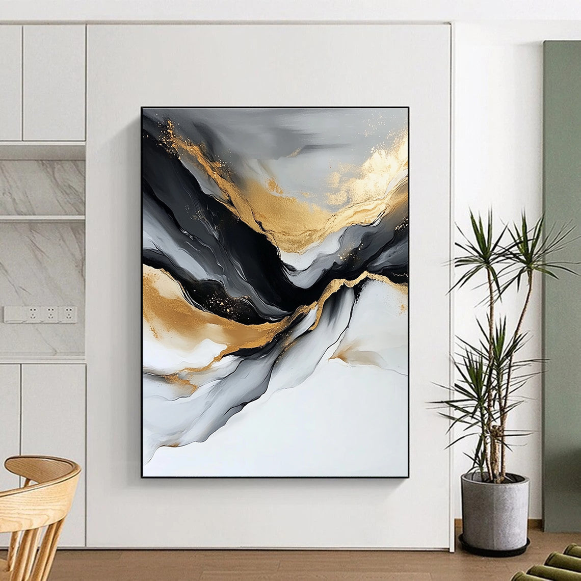 Gold Black and Gray Abstract Painting with Flowing Lines GER417
