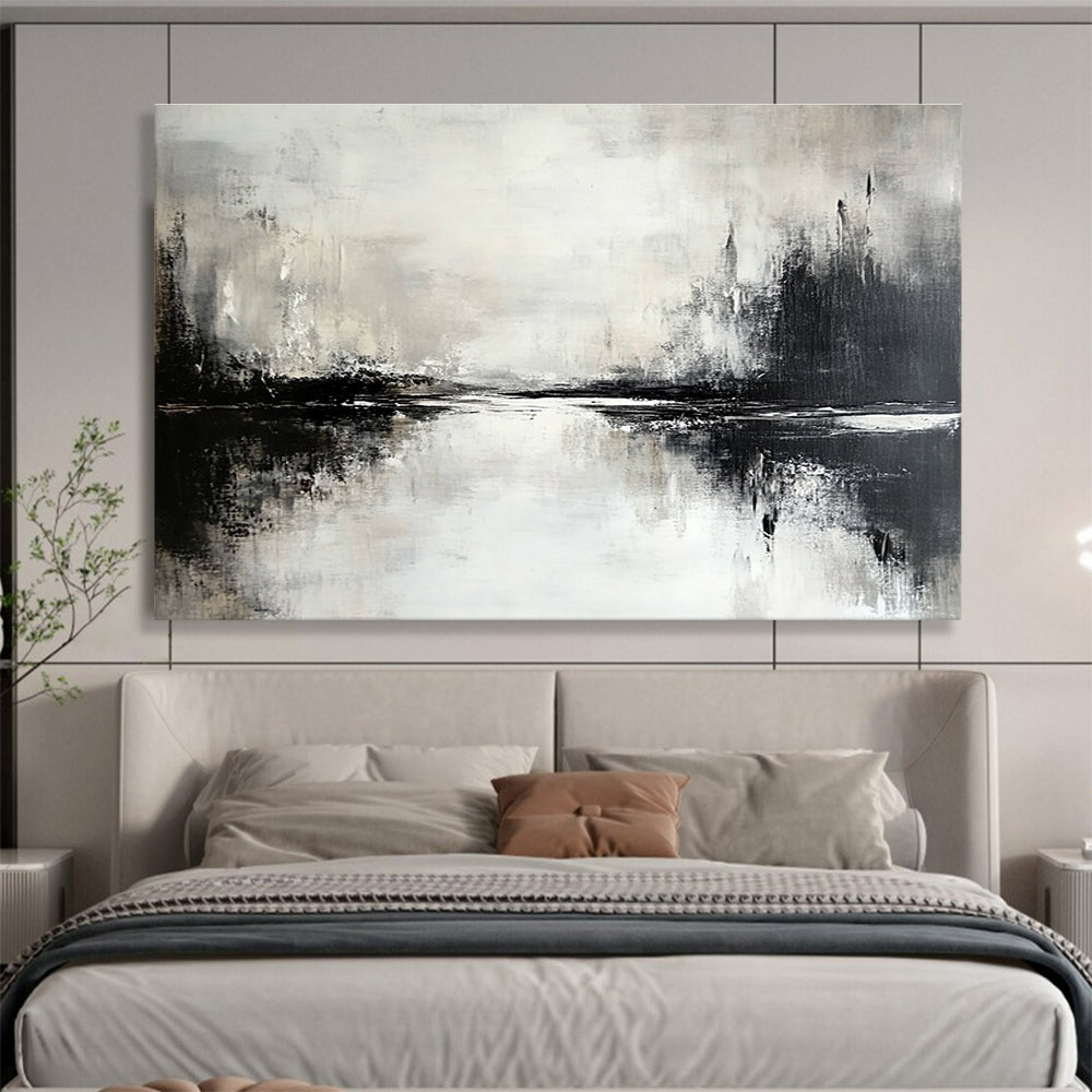 Monochromatic Landscape Abstract Painting with Shades of Gray and Black DYP217