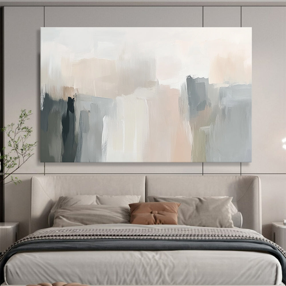 Large abstract painting in soft neutral tones with gentle brushstrokes and subtle color transitions creating an elegant atmosphere.SC058