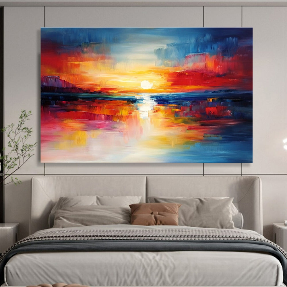 A large abstract painting capturing a vibrant sunset with blue and red hues reflecting on calm waters, creating a dynamic central composition.SC561
