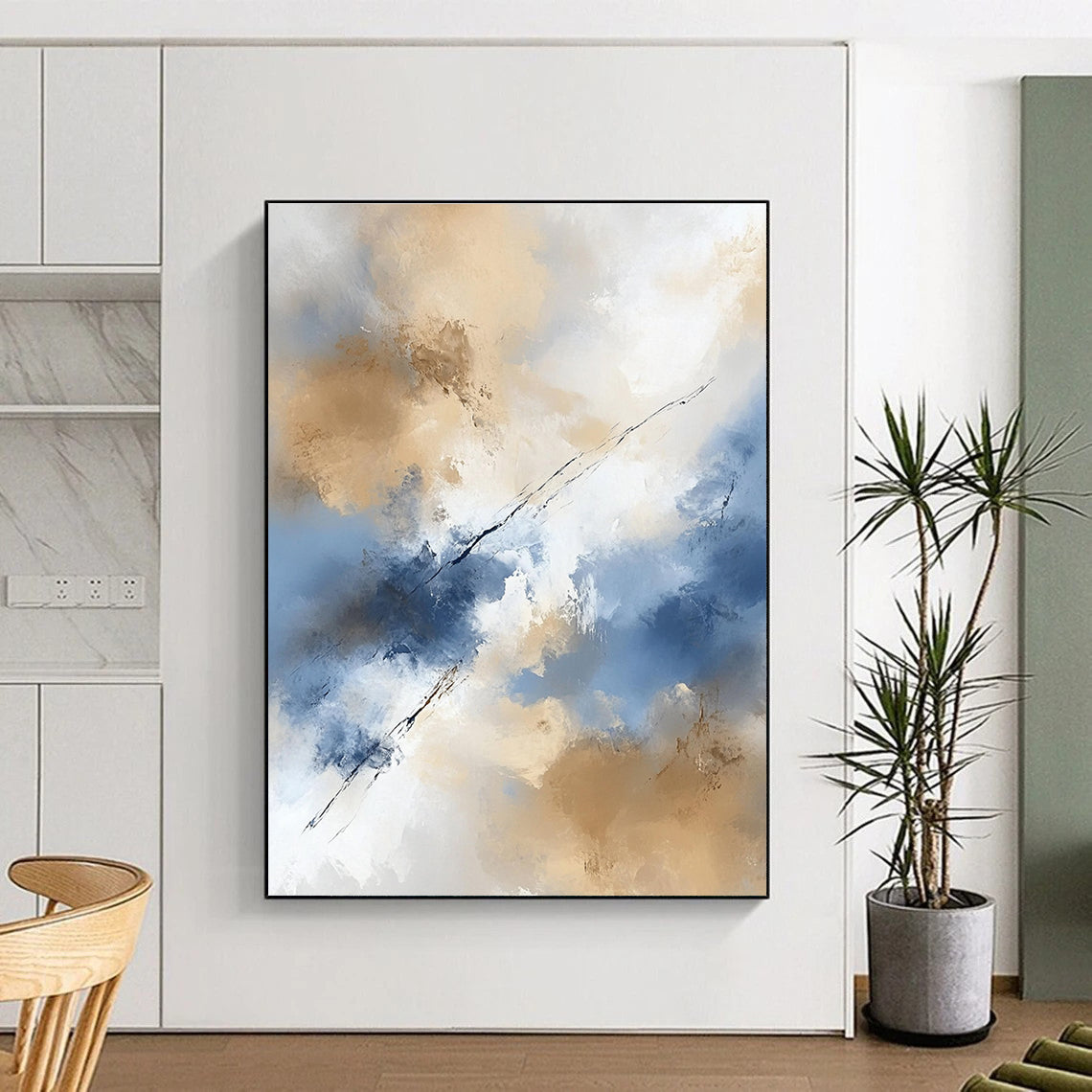 Large abstract painting in beige and blue tones features white clouds creating an ethereal ambiance with delicate brushstrokes and flowing lines.STSC409
