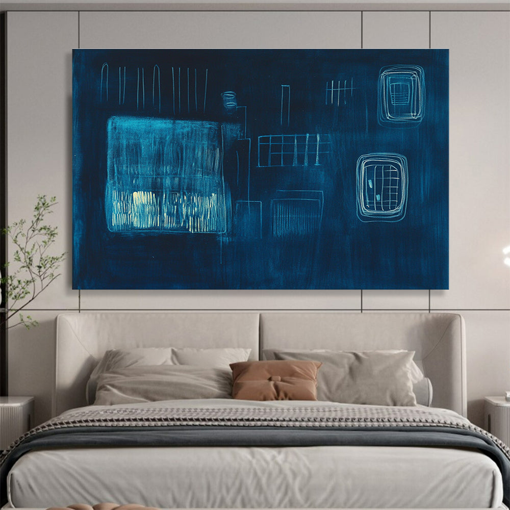 Dark Blue Abstract Composition Painting with Light Blue Lines DYP506