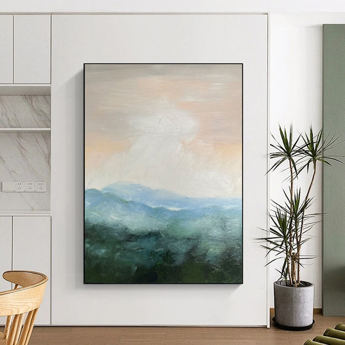 Soft Pink Blue Green Misty Mountain Abstract Painting ADGE010