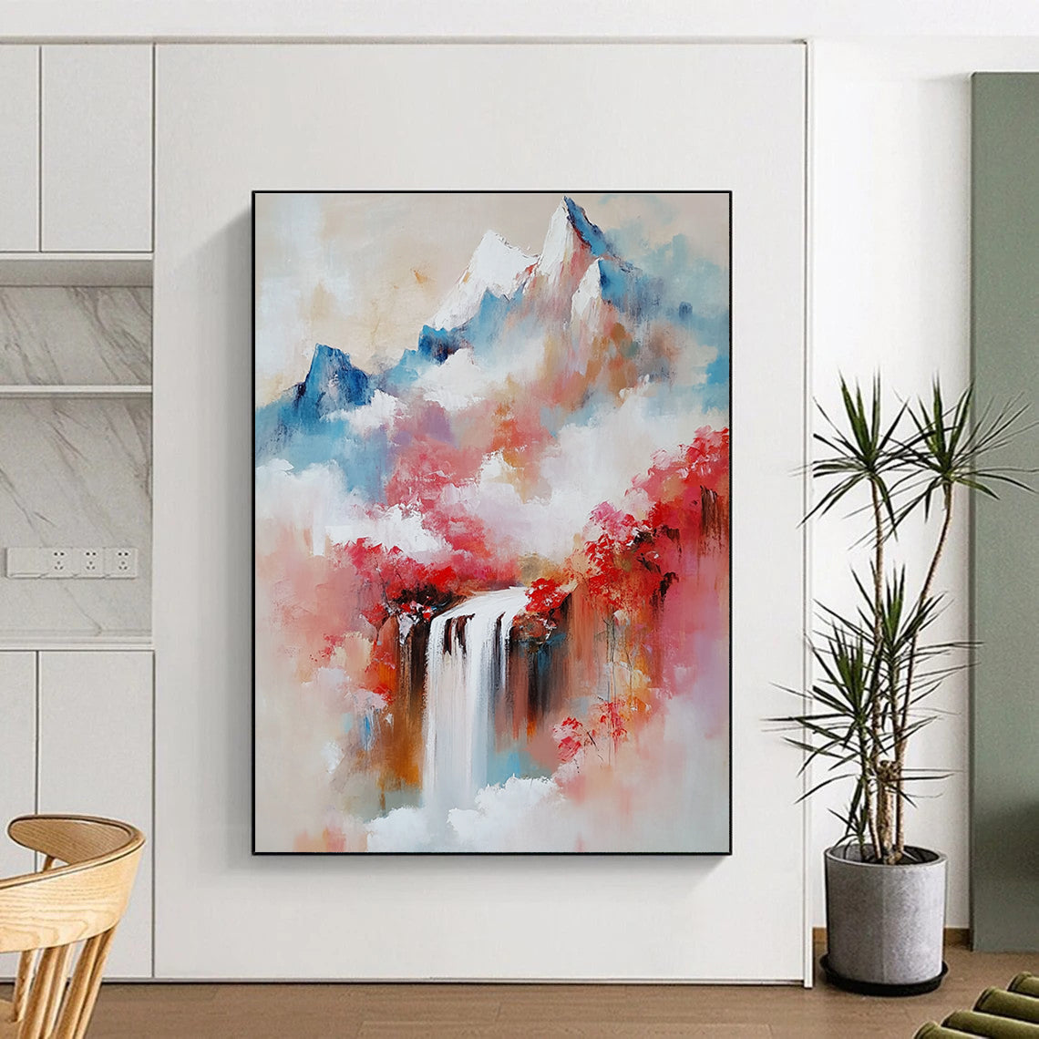 Large Abstract Oil Painting Featuring Mountains Waterfalls and Misty Atmosphere in Shades of Red and Pink With Delicate Brushstrokes.STSC171