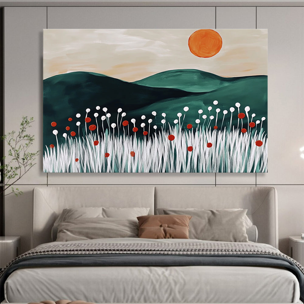 A large abstract painting featuring dark green hills white wheat stalks red flowers and an orange sun inspired by Matisse's minimalist style.SC465