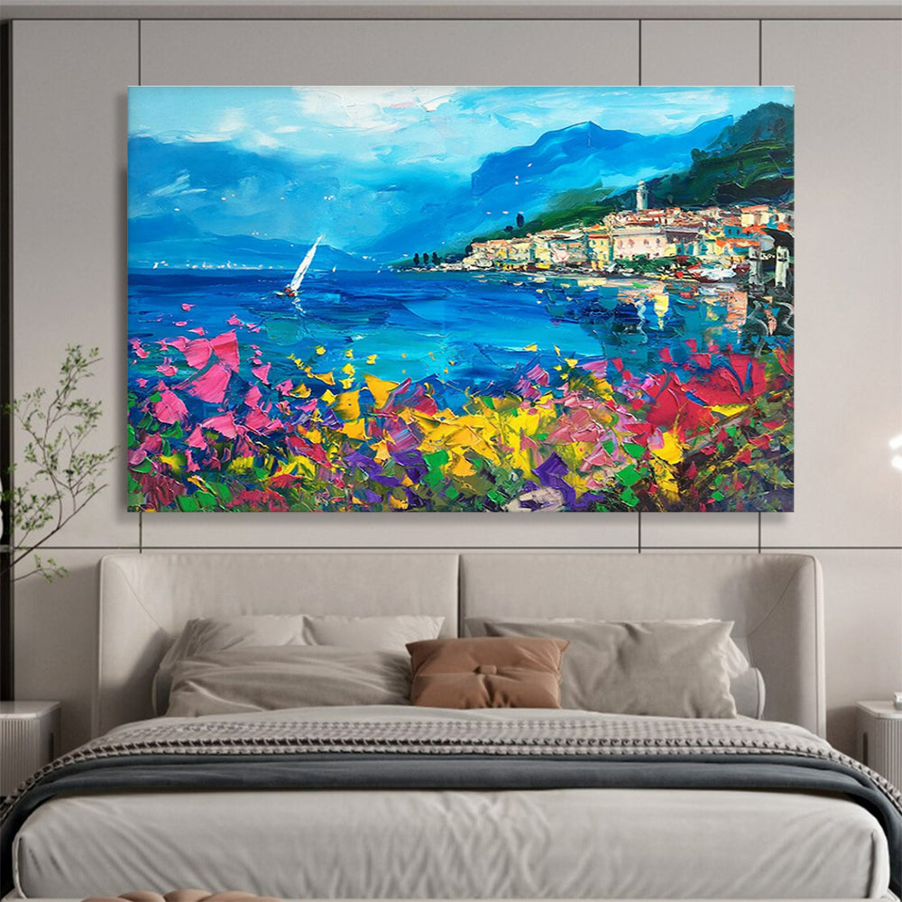 Blue Pink Yellow Coastal Village Abstract Painting THY484