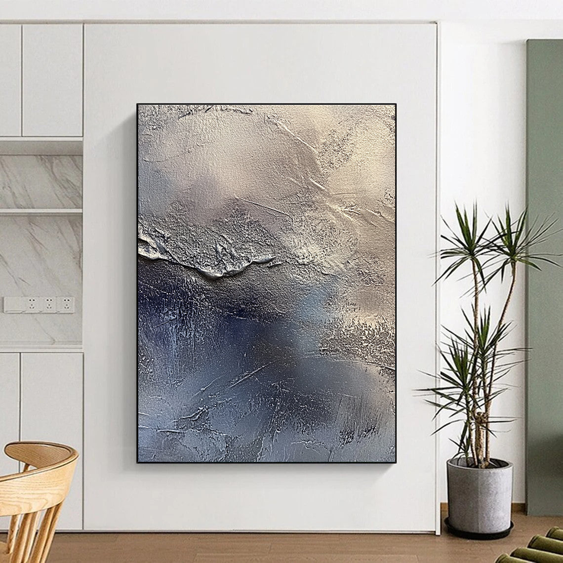 Silver and Blue Textured Abstract Painting with Metallic Tones GER066