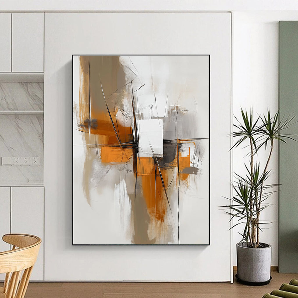 Large abstract painting featuring white and orange tones with minimalist lines in beige and grey creating a calming flow.STSC842