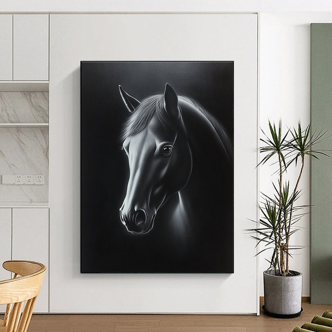 A large abstract oil painting of a horse's head in black and white with elegant lighting highlighting its features against a dark background.STSC1076