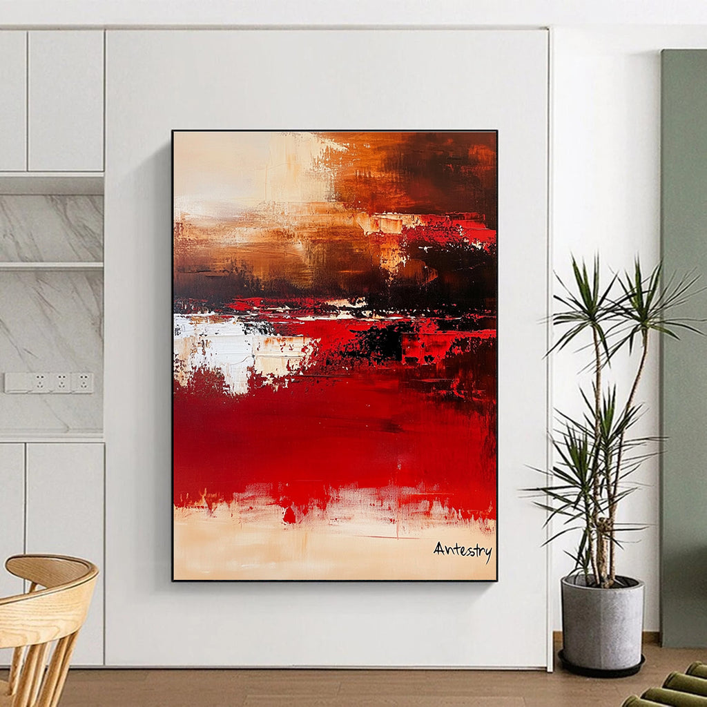 Large abstract painting with warm tones and soft edges titled Antestry creating a calm atmosphere inspired by Marc Chagall's minimalist style.STSC458