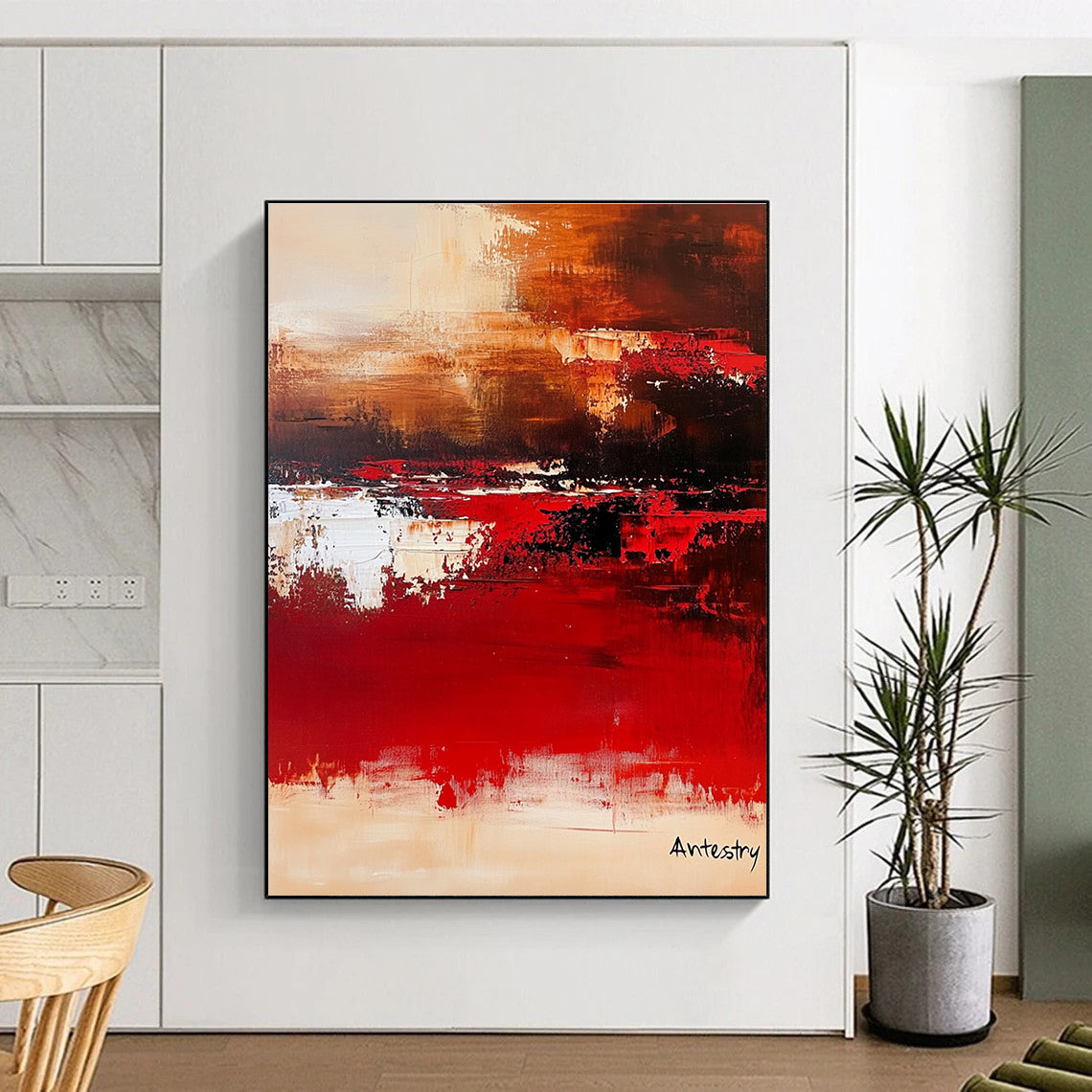 Large abstract painting with warm tones and soft edges titled Antestry creating a calm atmosphere inspired by Marc Chagall's minimalist style.STSC458