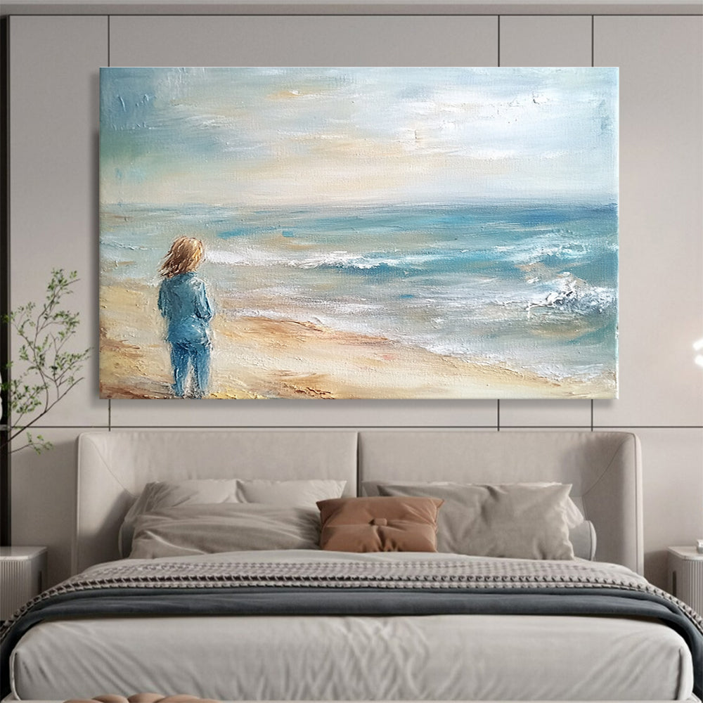 An abstract painting of the ocean and beach in light blue tones and muted colors creates a serene and beautiful atmosphere.SC411