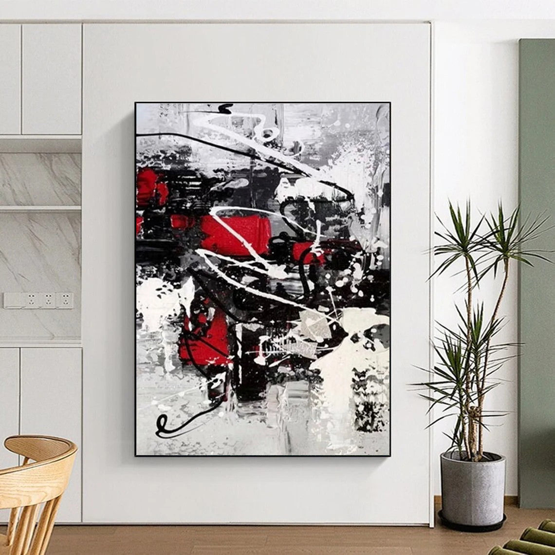 Red - Accented Black and White Dynamic Abstract Painting ADGE383