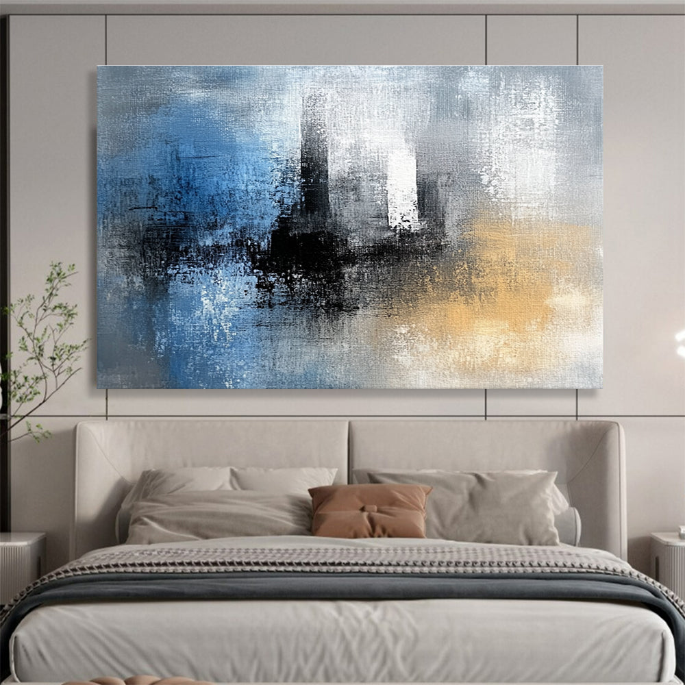 Abstract painting featuring blue black and white textures with gray yellow and brown hues complemented by a tower silhouette in the background.SC032