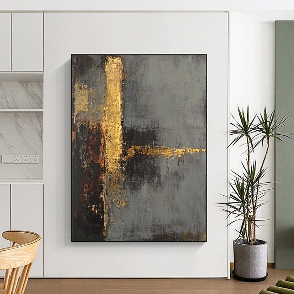 Large abstract painting in gray and gold tones with a textured background and a hint of a tower evoking mystery and calmness.STSC418