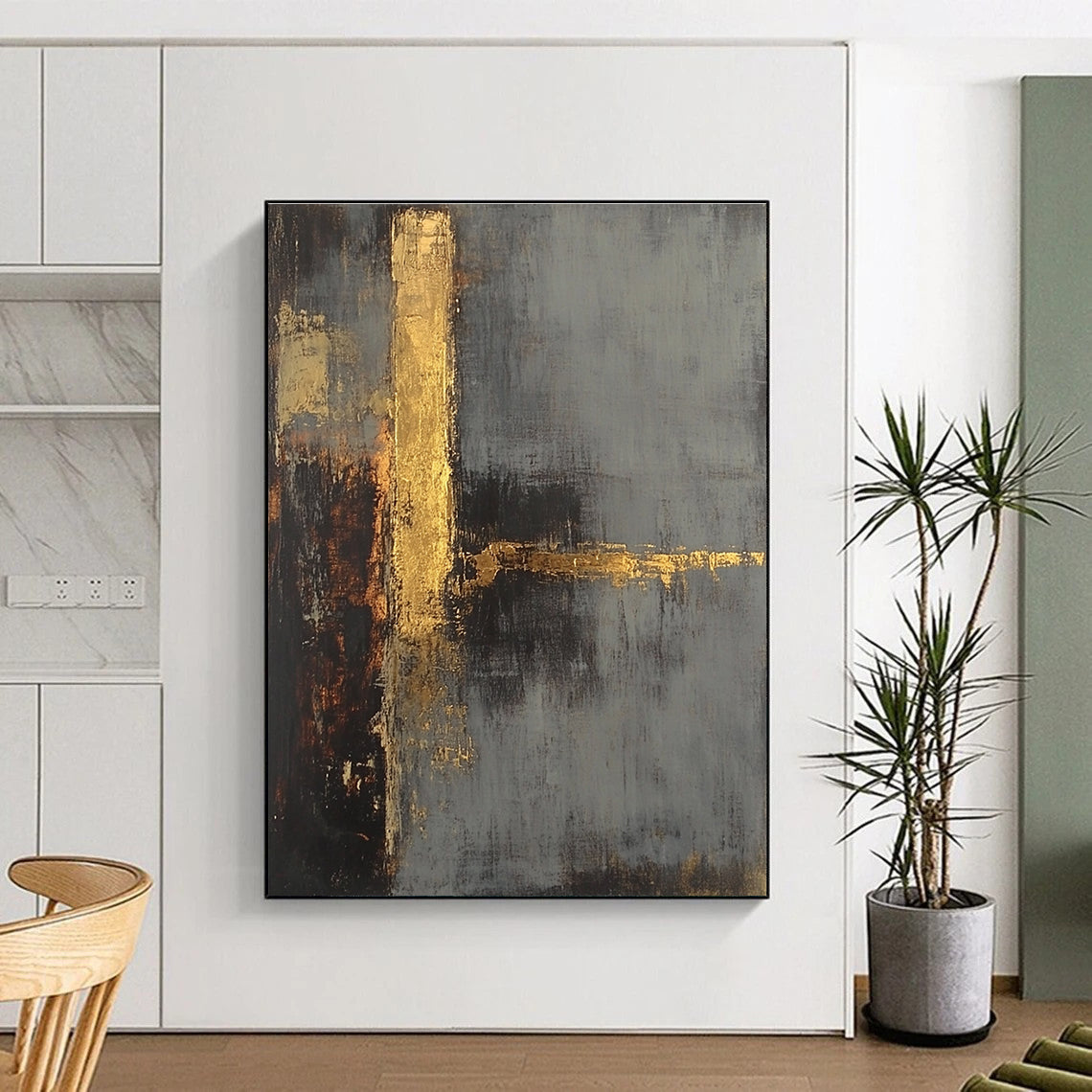 Large abstract painting in gray and gold tones with a textured background and a hint of a tower evoking mystery and calmness.STSC418