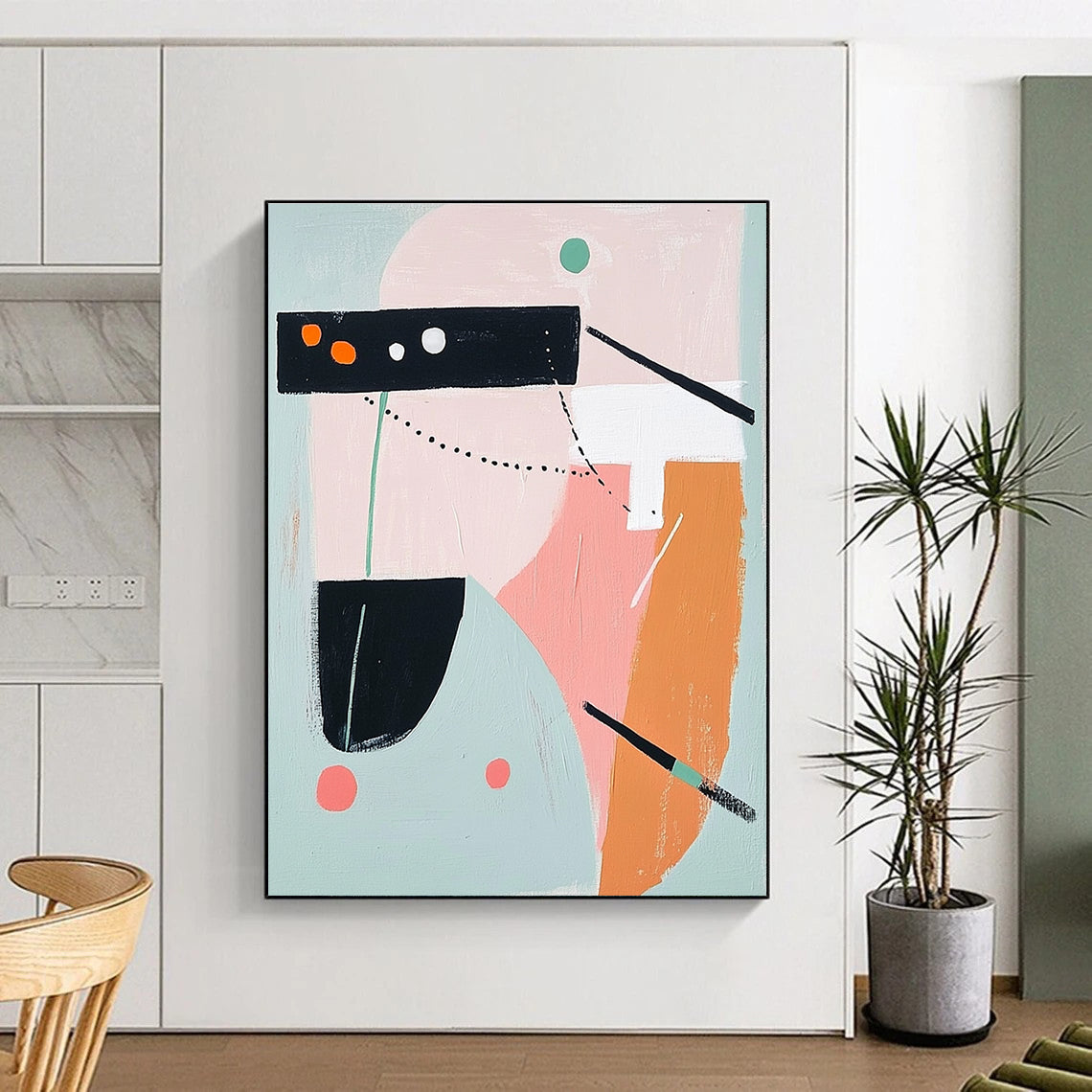 Abstract painting featuring bold shapes and lines in pink grey orange teal green and black and white evoking airplane elements with thick brush strokes.STSC691