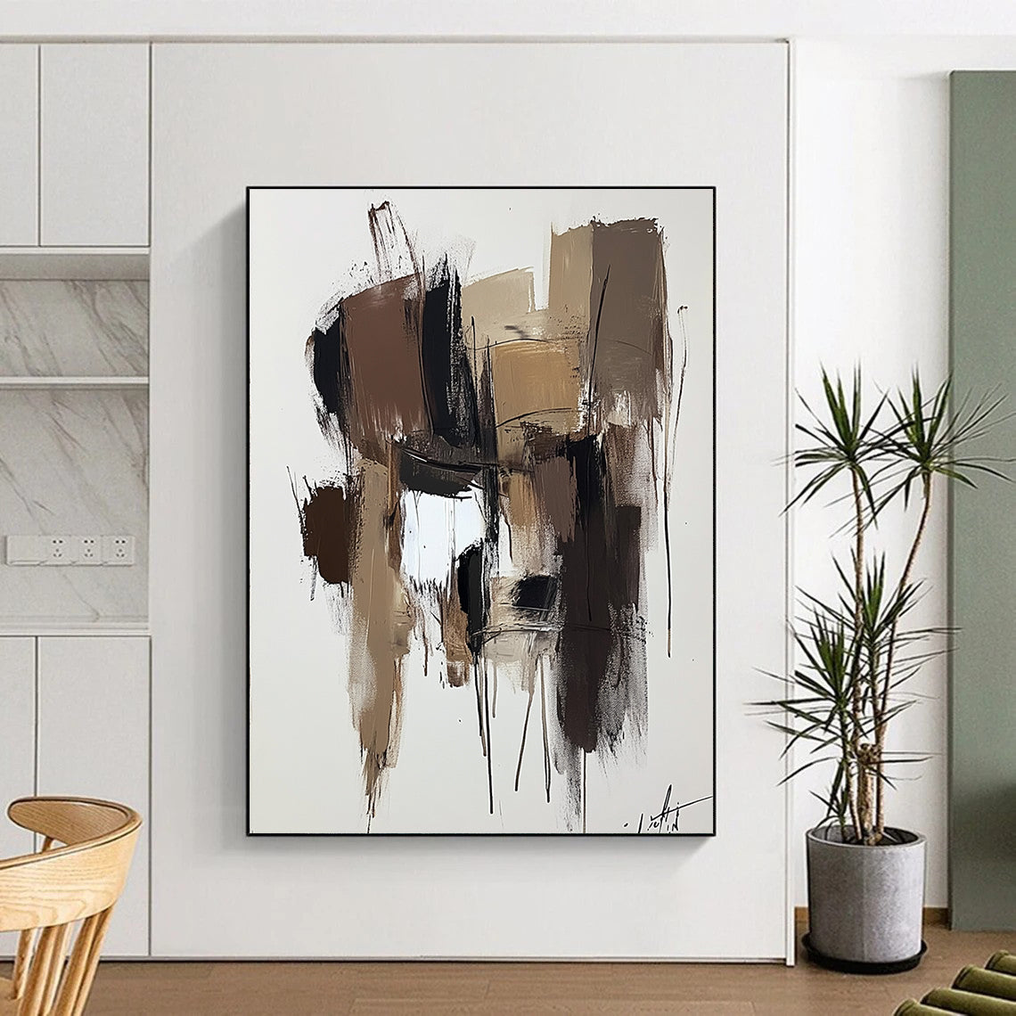 Large abstract painting in brown and beige with thick brush strokes on a dark gray background showcasing modern art style and neutral tones.STSC746