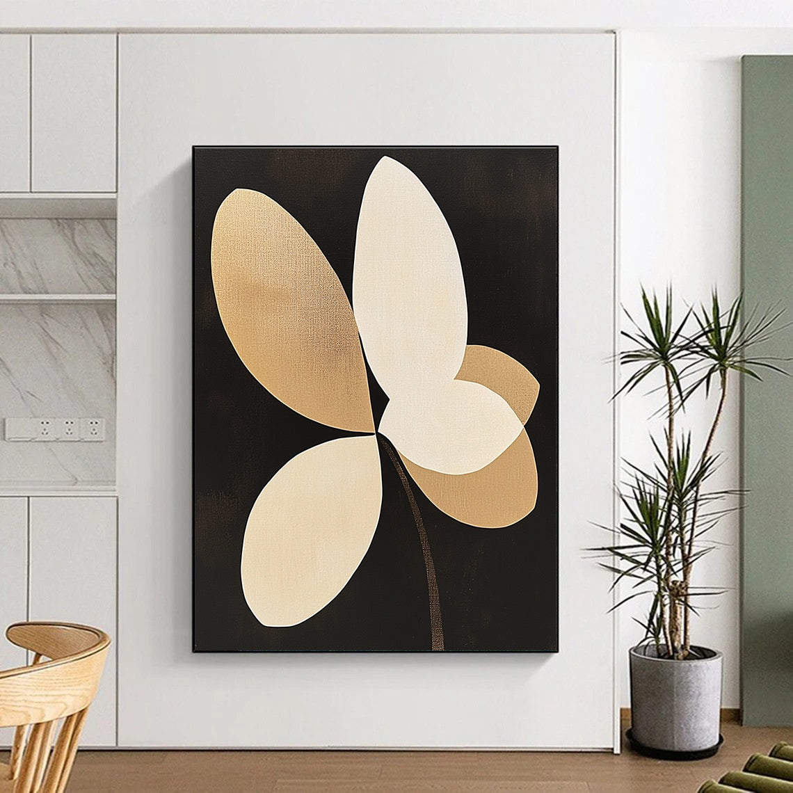 Large Abstract Painting Featuring Beige and White Orchid Petal Shapes on a Black Background with Minimalist Design and Clean Lines.STSC1144