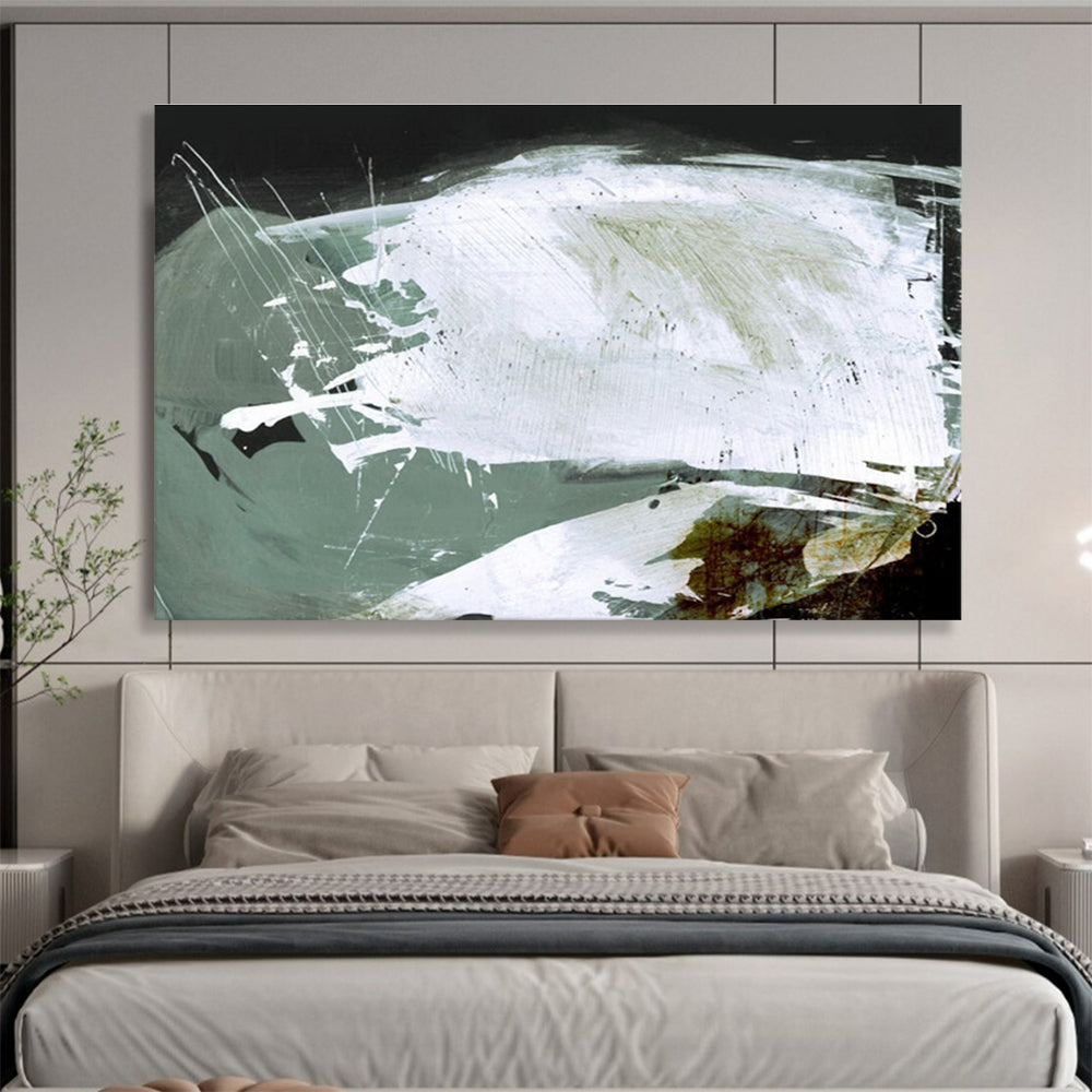 Textured White and Green Abstract Painting with Dynamic Layers THY133